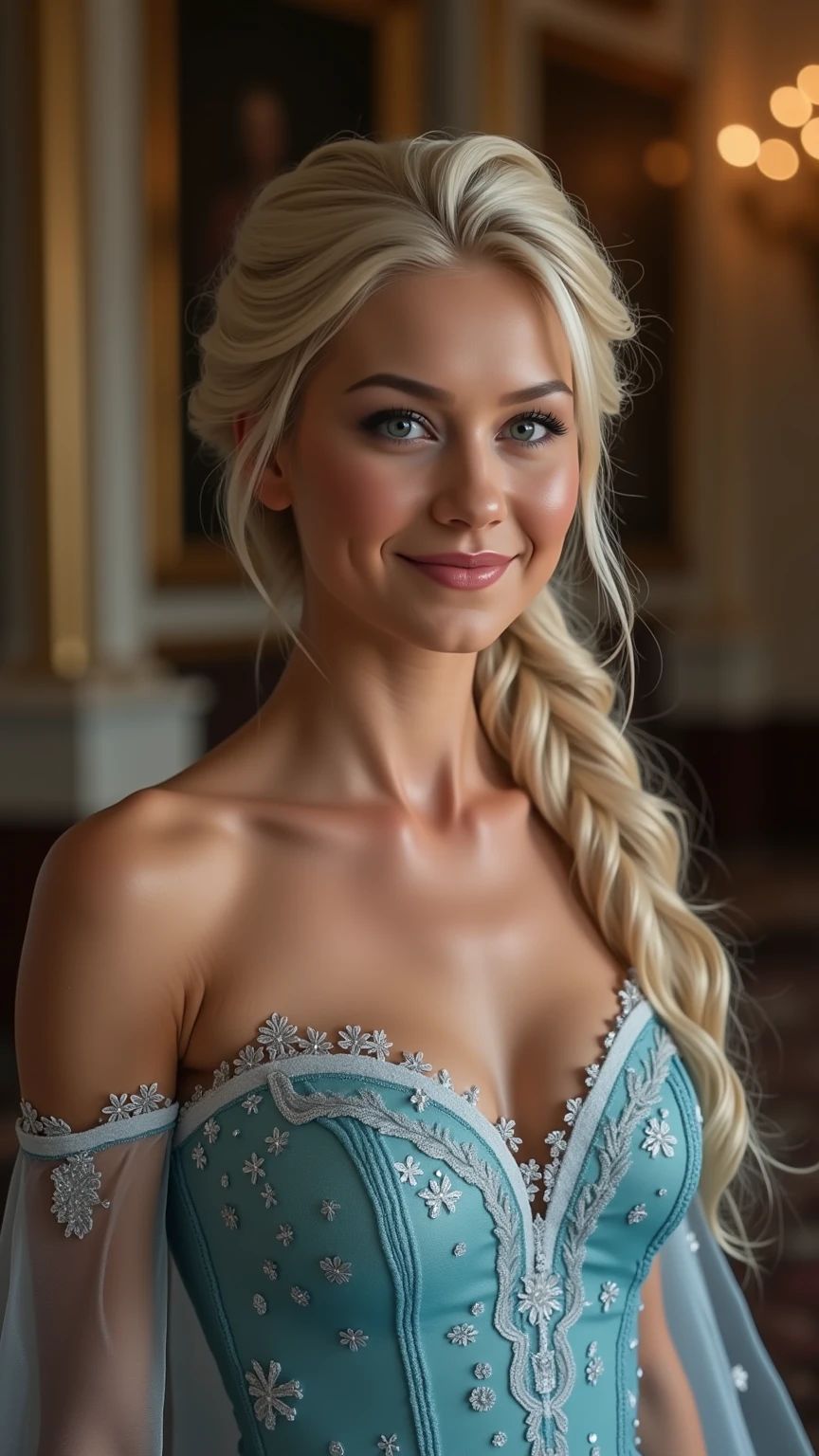 A stunning mid shot of Anna Kournikova as Elsa smiling , she is sexy , queen of arendelle, young and beautiful, hyper realistic, real portrait, backlit, exquisite features, cleavage, sexy, seductive, interior or an ornate castle ballroom with high ceilings, show skin, blue eyes, very perky tits with nipples poking at the sheer fabric, deeply exposed cleavage , narrow waist and wide hips