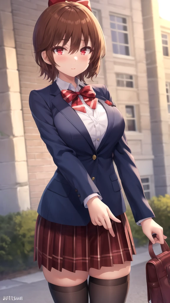 masterpiece, best quality, high quality, girl, solo, looking at viewer, keyaru_kaifuku_jutsushi, brown hair, red eyes, hair between eyes, large breasts, red bow, striped bow, blazer, blue jacket, long sleeves, plaid skirt, Brown skirt, black thighhighs, outdoors, cowboy shot, standing, looking at viewer,