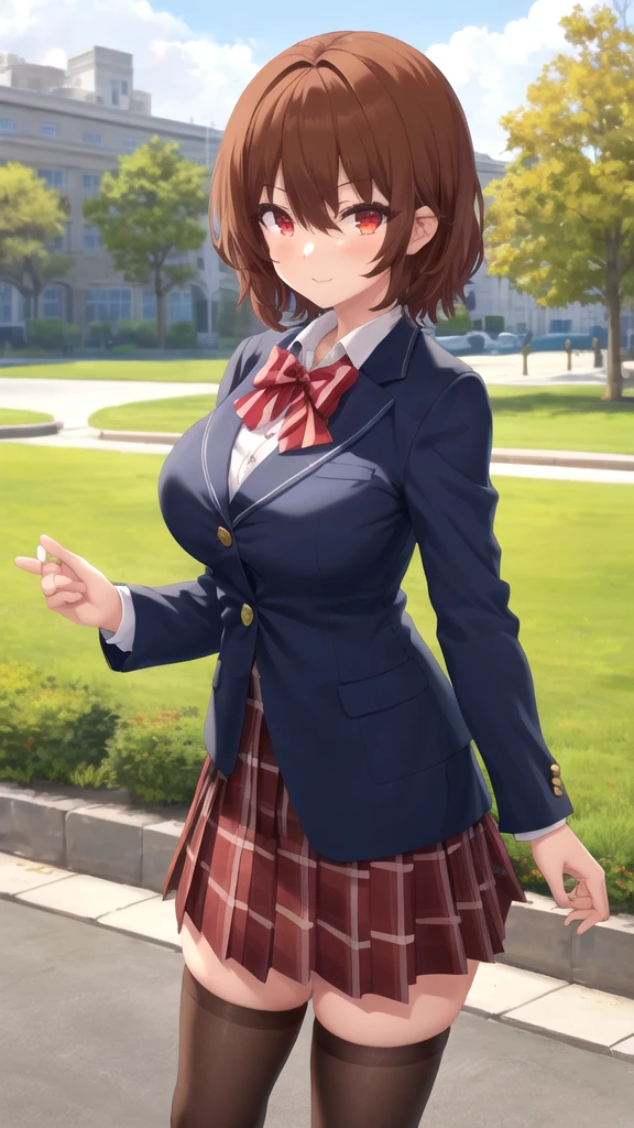 masterpiece, best quality, high quality, girl, solo, looking at viewer, keyaru_kaifuku_jutsushi, brown hair, red eyes, hair between eyes, large breasts, red bow, striped bow, blazer, blue jacket, long sleeves, plaid skirt, Brown skirt, black thighhighs, outdoors, cowboy shot, standing, looking at viewer,