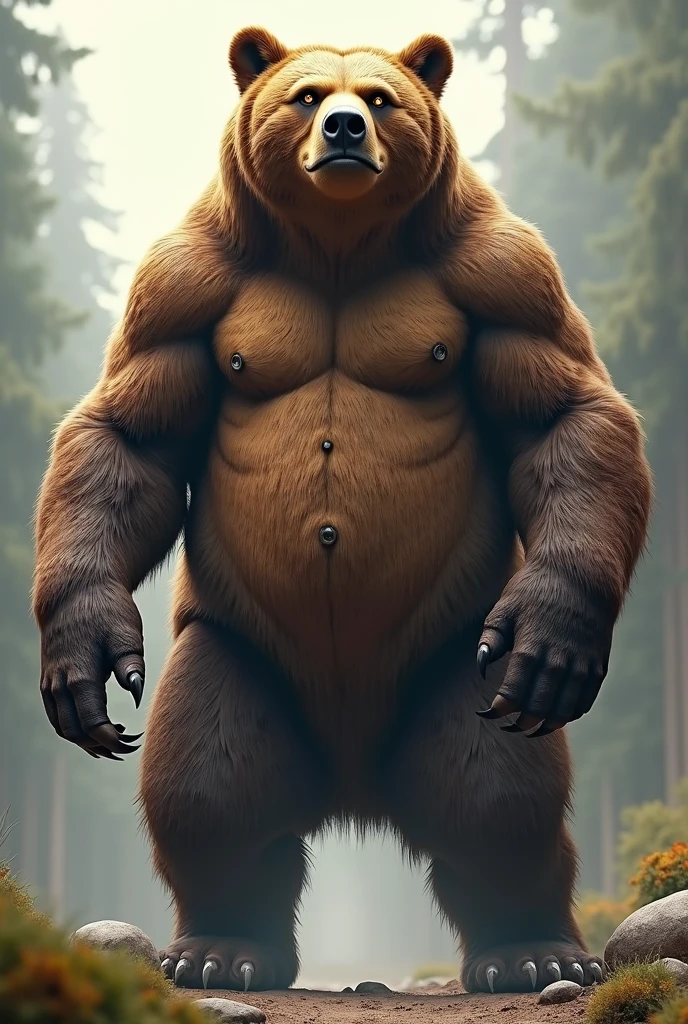 A majestic grizzly bear, of remarkable size and stature, reigns supreme on his throne of grandiose logs, meticulously covered in gold. His expansive, shaggy fur body is bedecked with intricate coat patterns that gleam under the soft, golden light filtering through the dense forest canopy. With an air of regal pride, he casually raises a paw to his furry chest, revealing his prominent and imposing manhood. The lush, verdant surroundings blur the background, enhancing the surreal display of raw power and dominance. (Masterpiece, realistic CGI, lush forest environment, majestic bear, detailed fur and coat, proud display