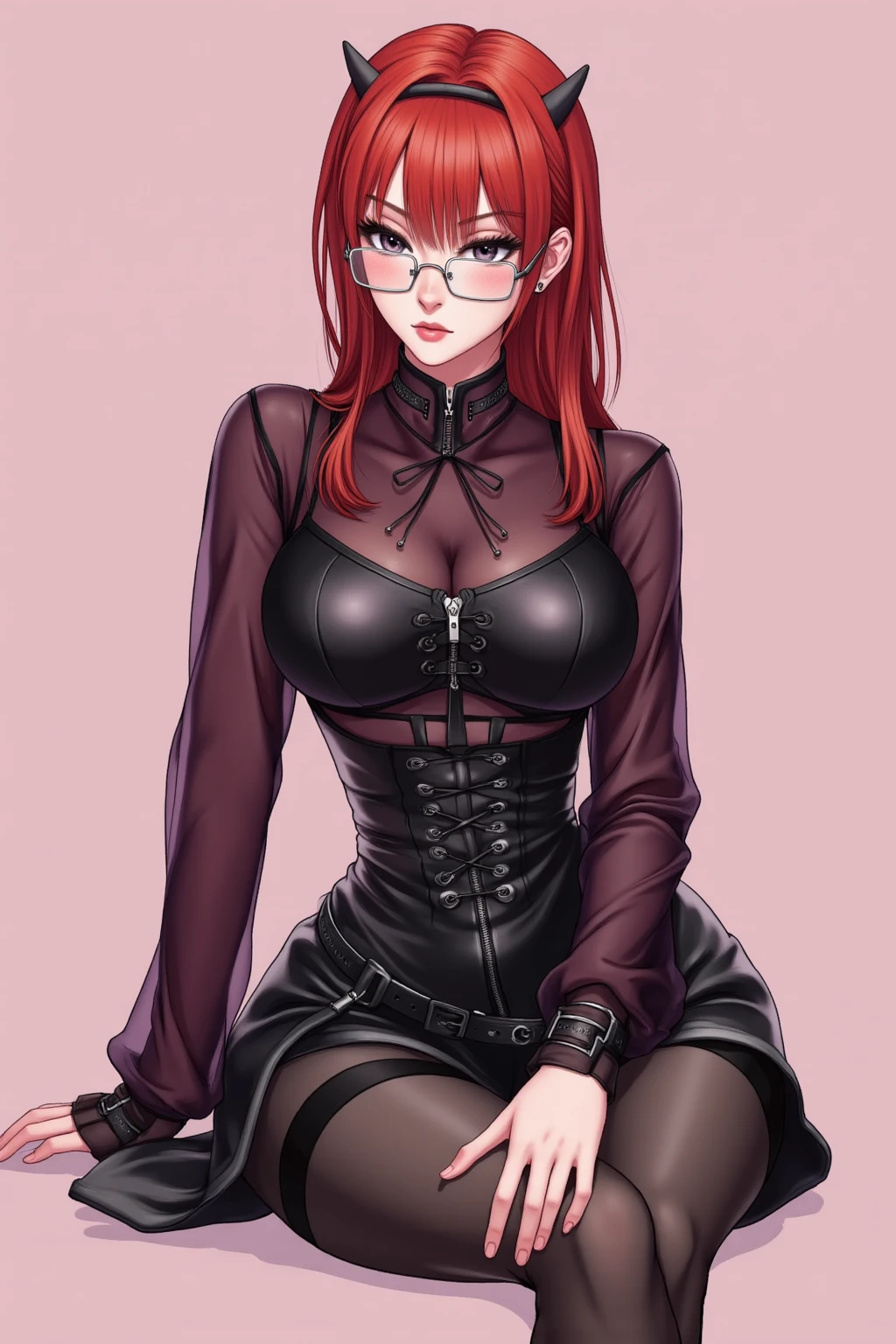 1girl, beautiful elf woman, ((Short Red Hair, Straight, has shine)) Blue eyes, double eyelids, light effect on eyes, detailed irises, beautiful curvy body, glasses, white crop top shirt, black leather bra, black lace thong, blue denim mini shorts, black high heels, ((Work of art, hyper-realistic, hyper detailed, Best Quality, 16k, light and shadow on skin, vivid colors)) ((leaning back on leather couch in dimly lit room)), ((Hands cupping breasts)) Lustful Expression, perfect lips, sexy mature face, flirting with viewer, lots of freckles all over body, full pouty lips, extreme blush, sensual smile, night time, moonlit sky, ((Front View)), ((Full body shot)), breasts are covered, Lustful smile at viewer