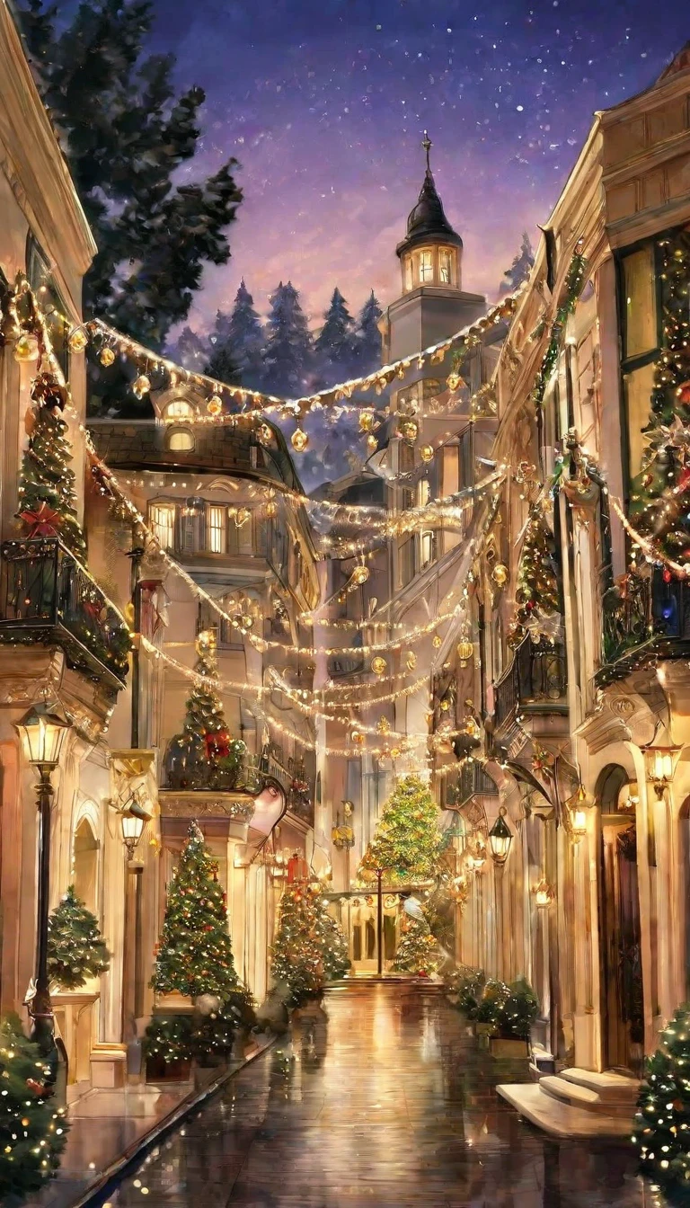 Depict a luxurious holiday scene on a street in Beverly Hills, showcasing grand houses with elegant facades adorned with festive garlands, golden wreaths, and sparkling lights. In the center of the street, place a towering Christmas tree, extravagantly decorated with gold, silver, and crystal ornaments, shimmering ribbons, and radiant fairy lights. The street should be serene and empty, with no vehicles, and subtle snow accents for a magical touch. Warm golden lighting should illuminate the scene, capturing the essence of opulence and festive celebration in every detail
