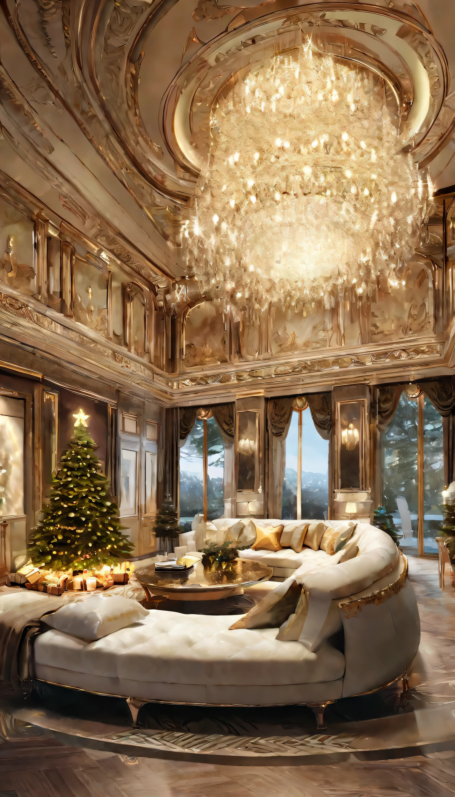 "Create a visually stunning Christmas scene for the cover of a top-tier global luxury magazine. The centerpiece is a towering, magnificently decorated Christmas tree in a grand, ultra-modern living room of a lavish countryside mansion. The room features a two-story ceiling with expansive floor-to-ceiling windows, flooding the space with soft evening light. The tree is adorned with exquisite ornaments in gold, silver, and crystal, shimmering ribbons, and warm fairy lights, exuding elegance and grandeur. The room is framed by three walls: one wall showcases a luxurious fireplace with a sleek, modern design. Above the fireplace, a massive plasma TV blends seamlessly into the sophisticated decor. The other walls feature high-end materials, minimalistic yet opulent design, emphasizing clean lines and refined taste. The furnishings are contemporary, with plush textures and muted tones, creating a balance of comfort and extravagance. The atmosphere radiates exclusivity, warmth, and holiday spirit, perfect for a luxury magazine cover."