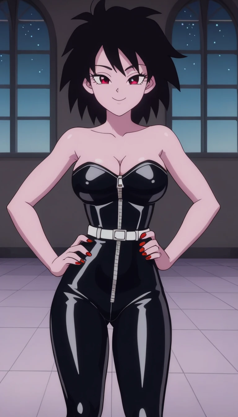 source_anime, score_9, score_8_up, score_7_up, anime screencap, absurd res, official style, gine, 1girl, solo, black hair, black eyes, closed mouth, bare shoulders, medium breast, a seductive smile, mouth closed, short black leather bodycon jumpsuit, strapless, sexy, sexual arousal, cleavage, red nails, dance floor, night club, smile, looking at viewers, cowboy shot, indoors, purple disco lighting ,
