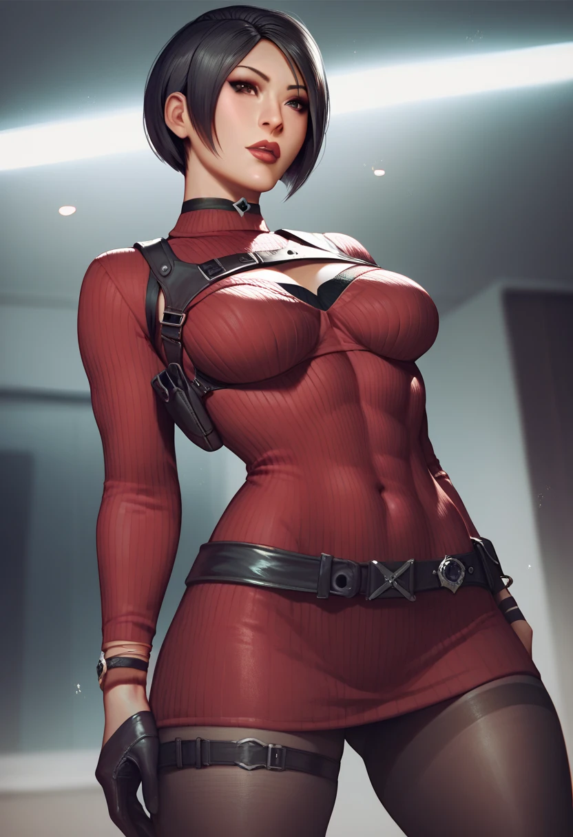 score_up_9, score_up_8, score_up_7, score_up_6, 1woman, mature, solo, medium breasts, slender waist, wide hip, thick thighs, Ada Wong, adasweater, black hair, short hair, black eyes, red sweater, turtleneck, harness, pantyhose, black gloves, belt