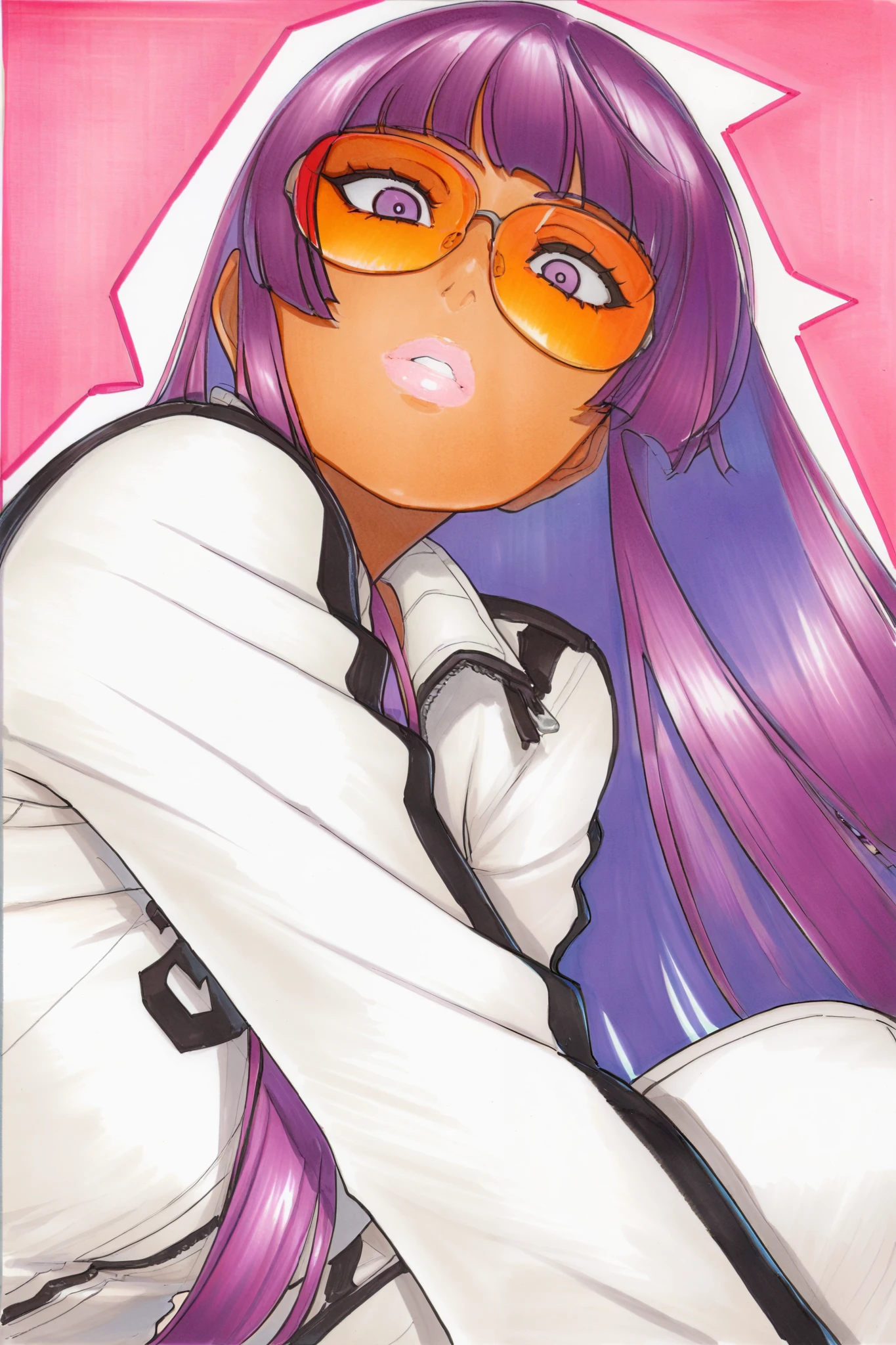 omardogan, marker \(medium\), traditional media , best quality, masterpiece, dynamic angle, 1girl, purple hair, dark skin, hime cut, jacket, shades, sunglasses, purple eyes, pose, looking at viewer
