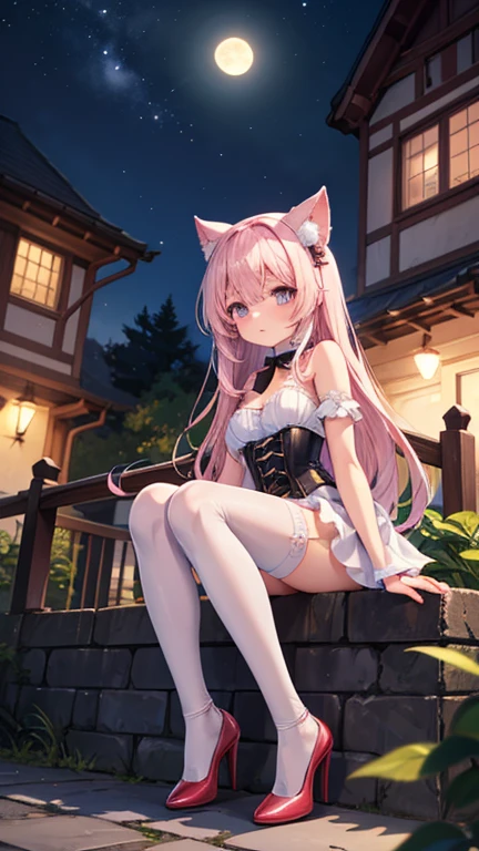 1girl,dramatic angle,reclining,cat on stone steps,
,skin fang,(no eyes,hair over eyes,pink hair,long hair,twintails),(cat ears,cat tail),Pink bow,(jiraikei (Pink Gothic Ta:1.3)),Lace-up boots,medium breasts,amusement park,stone steps