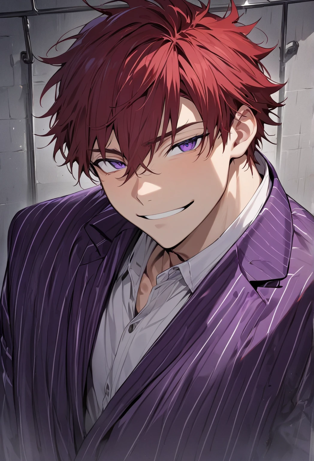 (Masterpiece, high resolution, best quality), solo, 1 boy, 20-years old man, cute, handsome face, red hair, dark purple eyes, Purple striped suit, looking at viewer, solitary confinement in a mental hospital, young man, handsome face, eyes smiled, horny