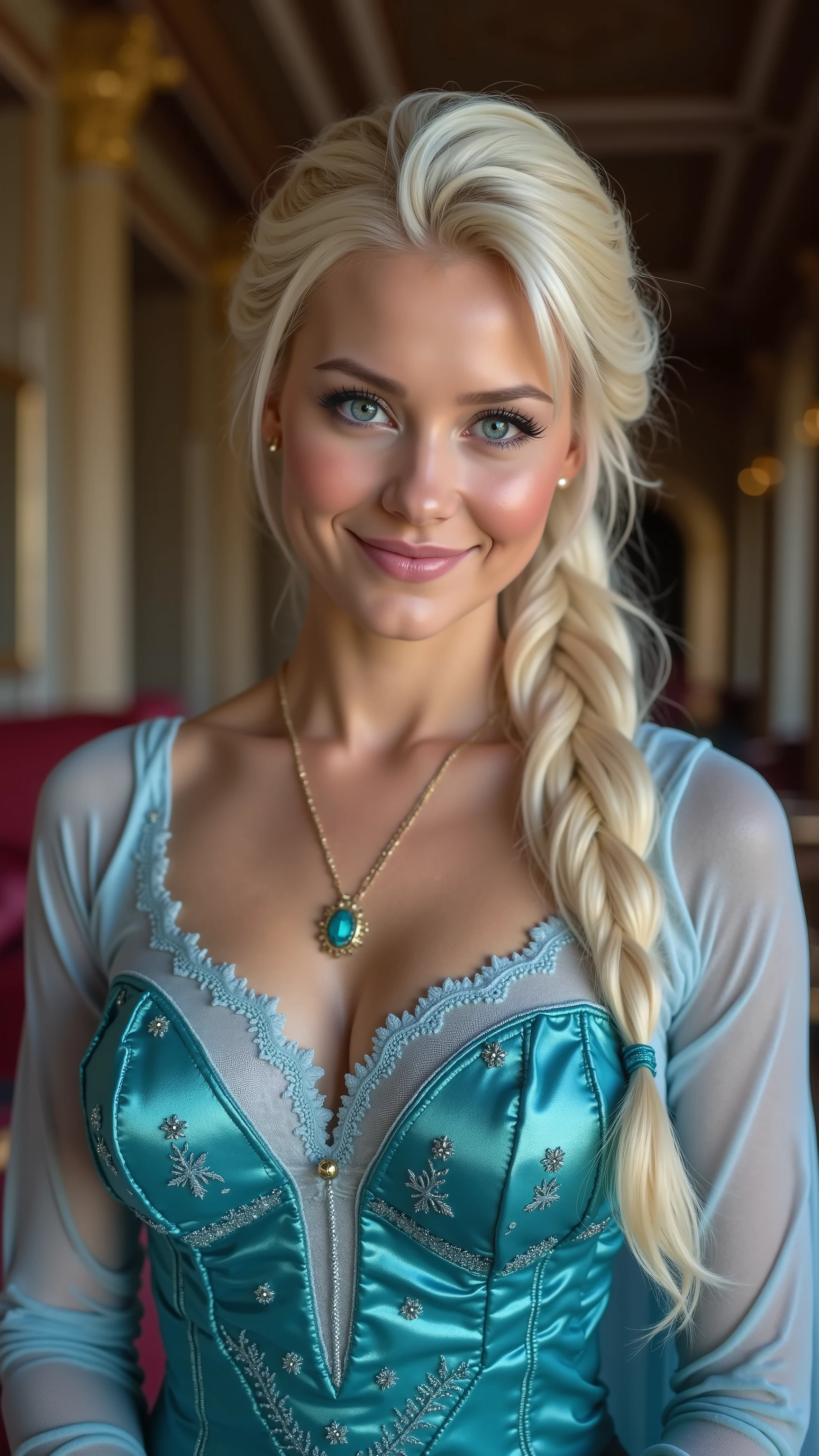 A stunning low angle portrait of Anna Kournikova as Elsa smiling , she is sexy , queen of arendelle, young and beautiful, hyper realistic, real portrait, backlit, exquisite features, cleavage, sexy, seductive, interior or an ornate castle ballroom with high ceilings, show skin, blue eyes, exposed bum