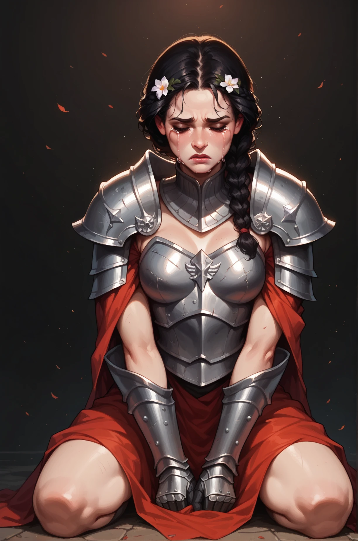 score_9, score_8_up, score_7_up, cartoon of a girl, solo, pale skin, eyes closed, black hair, braid hair, small breast, warrior woman kneeling on the desolate earth, intricate dark armor, crying, moody and gritty, heavenly light on her, front view, dark background