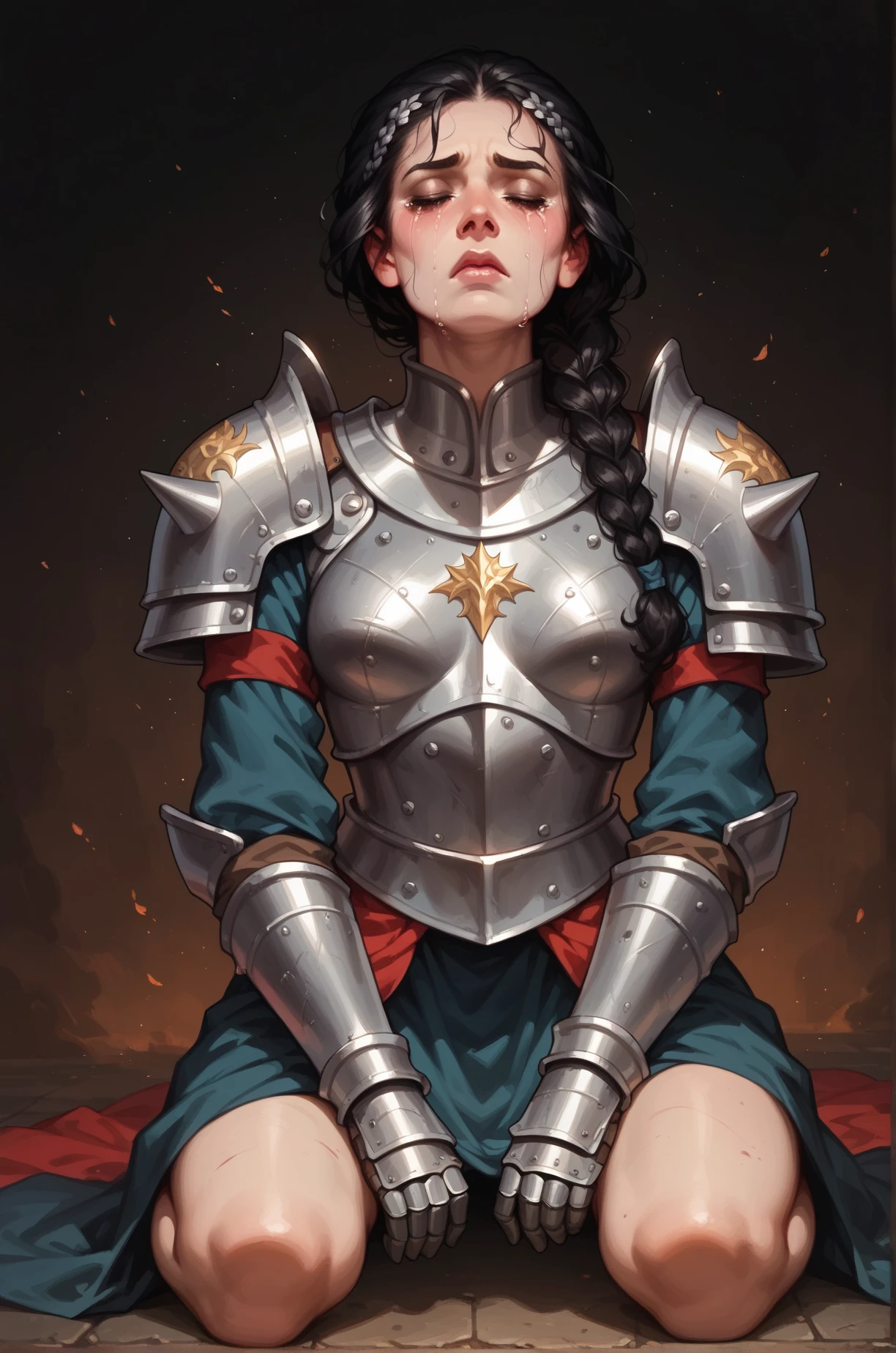 score_9, score_8_up, score_7_up, cartoon of a girl, solo, pale skin, eyes closed, black hair, braid hair, small breast, warrior woman kneeling on the desolate earth, intricate dark armor, crying, moody and gritty, heavenly light on her, front view, dark background