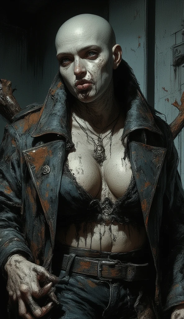 uma jovem morena de 18 anos sorrindo, (wearing torn and dirty overalls) cabelo curto cacheado, tatuagens no corpo e no rosto , olhos  grandes azuis, (Neon city background at night),Mouth fleshy lips with red lipstick, with the medallion on the neck,brinco, penetrante , seios grandes, sweaty skin with imperfections,Tatuada no rosto, ,(Pigtails de cabelo com gravatas)detalhes intricados ( 8k super realista) em uma cidade com fundo neon cyberpunk