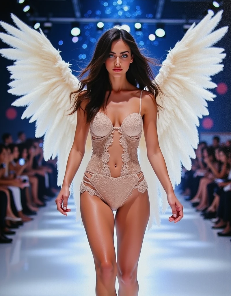 Oil painting of a woman of stunning European beauty, with umbrella and long black hair falling in soft waves over her shoulders, walks confidently and elegantly down the catwalk of a fashion show. Her sapphire blue eyes shine brightly, pale clear white skin capturing the lights illuminating the stage. She wears a sophisticated and delicate Victoria's Secret style lingerie outfit, fashion show style with exquisite lace details that highlight her slenderness and enhance her presence. Behind her back large angel wings can be seen. Around her, the background is filled with soft lights and sparkles, as the audience watches in awe. With each firm step, her confident and charismatic bearing creates a moment of pure magic in the. 