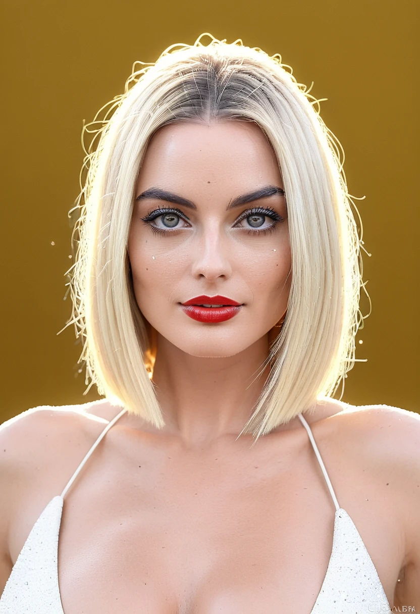 natural realistic skin texture, Super high res upper body portrait photo of a woman outdoors with long blonde bob_cut hair with centered hair part, symmetrical head, f /2.8, Canon, 85mm,cinematic, high quality,looking at the viewer, margot_robbie_model, (bright eyes with bright white sclera:1.4) and Monochromatic Eye Makeup, sassy style, (erect nipples poking dress), (huge cleavage, gigantic breasts with deep cleavage, red glitter plunge dress), (huge breast focus), at a movie premiere, happy, bokeh