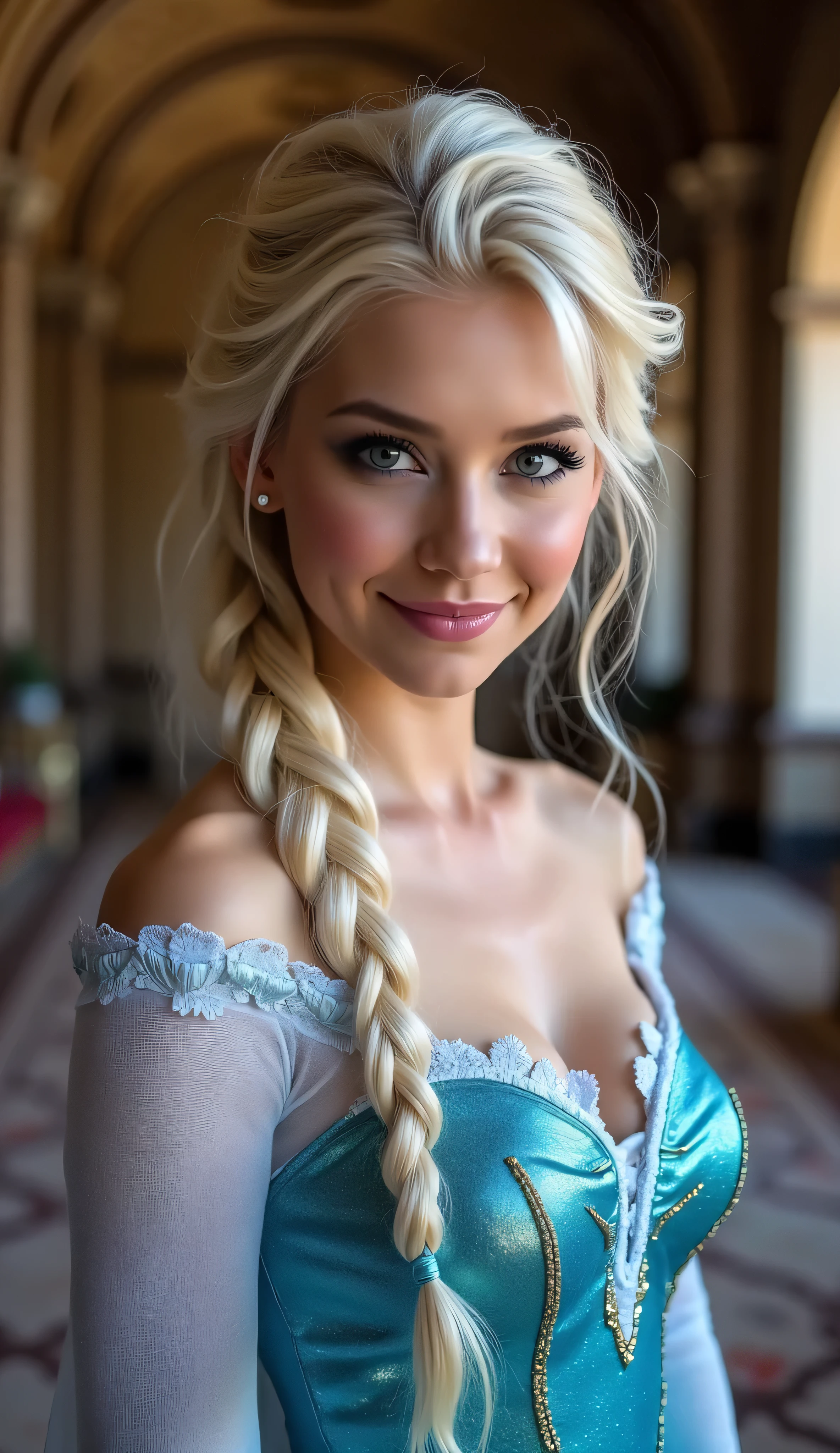 A stunning full body portrait of Anna Kournikova as Elsa smiling , she is sexy , queen of arendelle, young and beautiful, hyper realistic, real portrait, backlit, exquisite features, cleavage, sexy, seductive, interior or an ornate castle ballroom with high ceilings, show skin, blue eyes, exposed bum