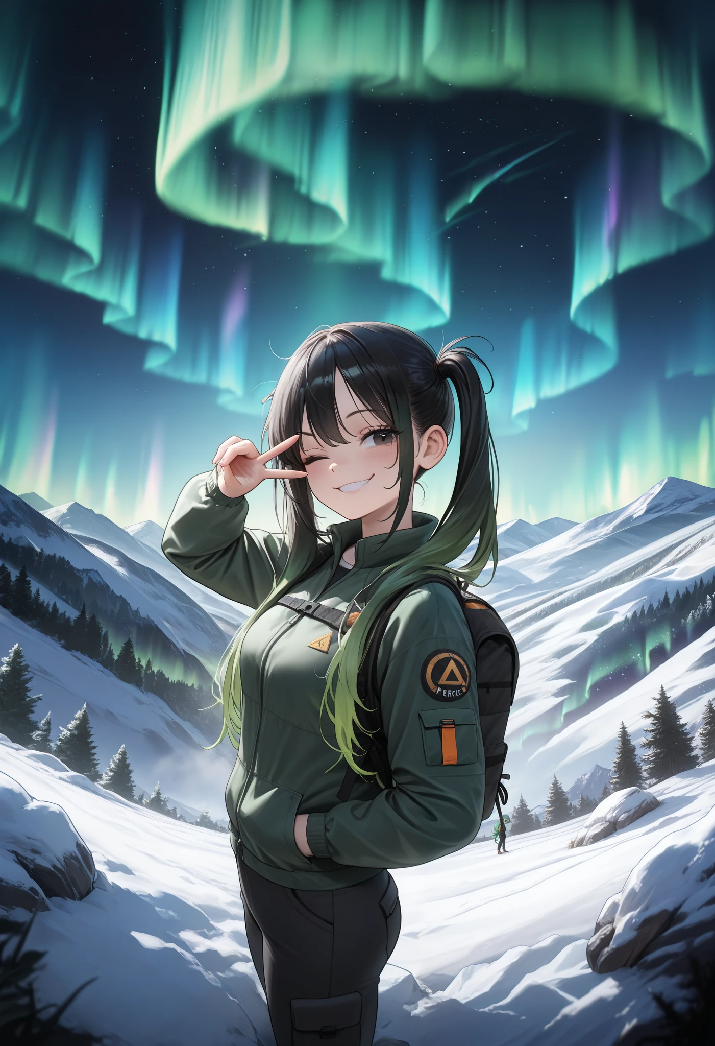 (masterpiece, high resolution, 2k resolution, best quality), slightly from side, slightly high angle, cowboy shot, (fisheye), diminishing scale perspective, (1girl, perfect anatomy, perfect face), ((multilayered hair color+black color:1.4+green color:1.2), long hair, pigtails), (black eyes, one eye closed), hiking outfit, standing, peace sign, smug pose, on the top of the mountain, high place, mother nature, (breathtaking background, mountainous background), (aurora), night time, scenery