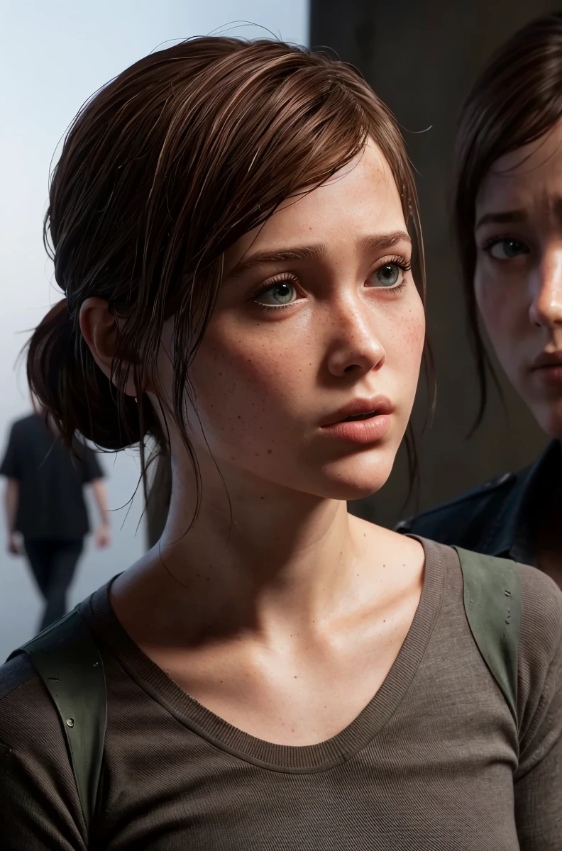 hyperealistic contrasted photo, portrait of 
 , ellie from the last of us, low ponytail,
turn head (look at the viewer, eye contact:1.3) (face closeup:1.5)
red fancy balenciaga trapezoid dress
(parted lips:1.1)
(upper body:1.5) (contrapposto:1.3), profile, in a movie festival by night, public and photographers, 