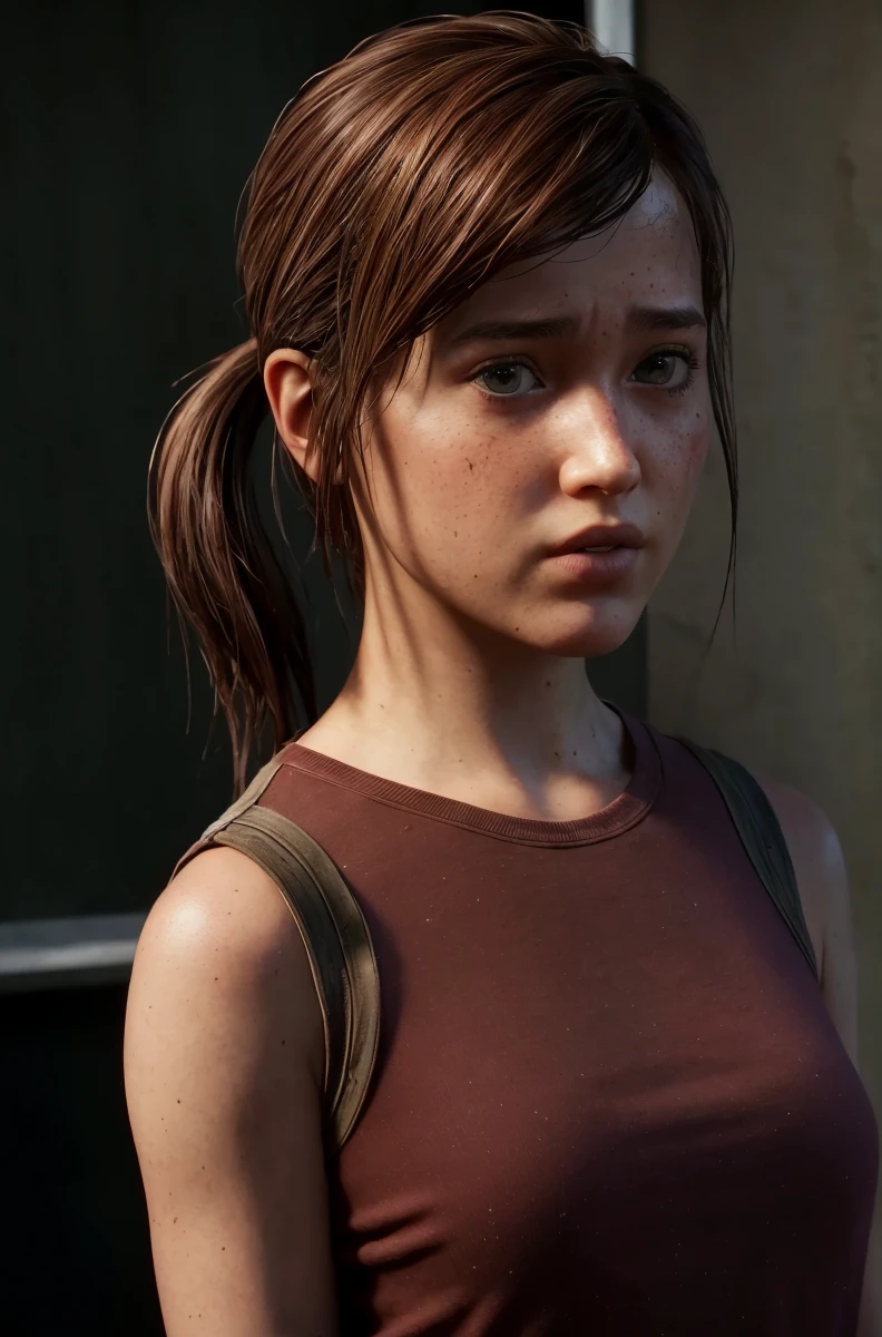 hyperealistic contrasted photo, portrait of 
 , ellie from the last of us, low ponytail,
turn head (look at the viewer, eye contact:1.3) (face closeup:1.5)
red fancy balenciaga trapezoid dress
(parted lips:1.1)
(upper body:1.5) (contrapposto:1.3), profile, in a movie festival by night, public and photographers, 