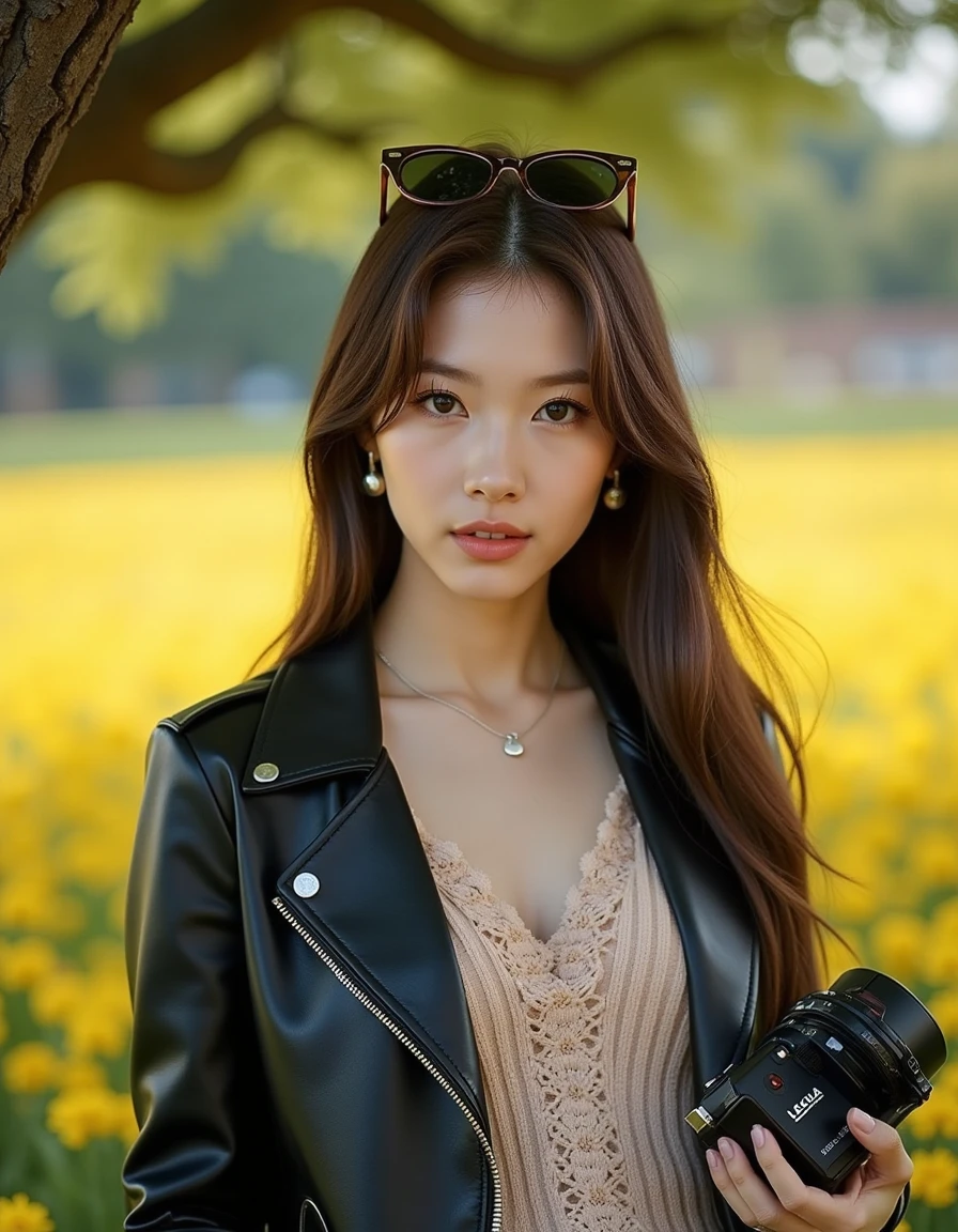 A young woman stands beneath a tree in a vibrant yellow flower field, exuding effortless cool in a stylish black leather jacket over a light knitted sweater, her long, dark hair flowing freely. She holds a Leica camera, sunglasses perched on her head, gazing directly at the camera with a soft, confident expression. Warm, natural light illuminates her face, accentuating the intricate lace details of her sweater, while the subtle bokeh of the 90mm portrait lens blurs the flowers, emphasizing her relaxed, casual street style in an everyday setting.