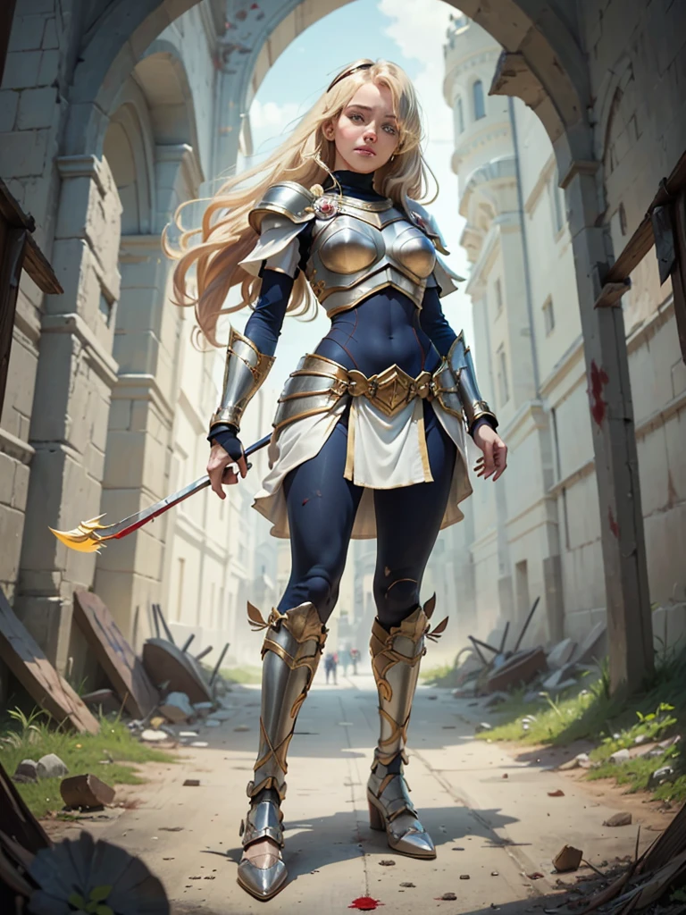 Highly detailed, High Quality, Full Length Portrait, Masterpiece, nice hands, perfect hands, 1girl, full body, lux1, lux_(league_of_legends), ultra very long blonde fringe bangs hair, armor, breastplate, black headband, bodysuit, light smile, white gloves, boobplate, (detailed face and eyes:1.3), castle background, powers, posing with very long crossbow, holding a crossbow, she is bleeding out, she is in fight mode against archers, she is covered in blood, she is being shot by archers, full body length portrait, she is leaving blood drops on the ground, she is wounded, she has a wound arrow shot in her leg, she is bleeding out so much due to her arrow shots wounds caused by archers surrounding her, she is defending herself, her sword is covered in blood, she is hurted, she is wounded, she is 18 years old, she is trying to survive,