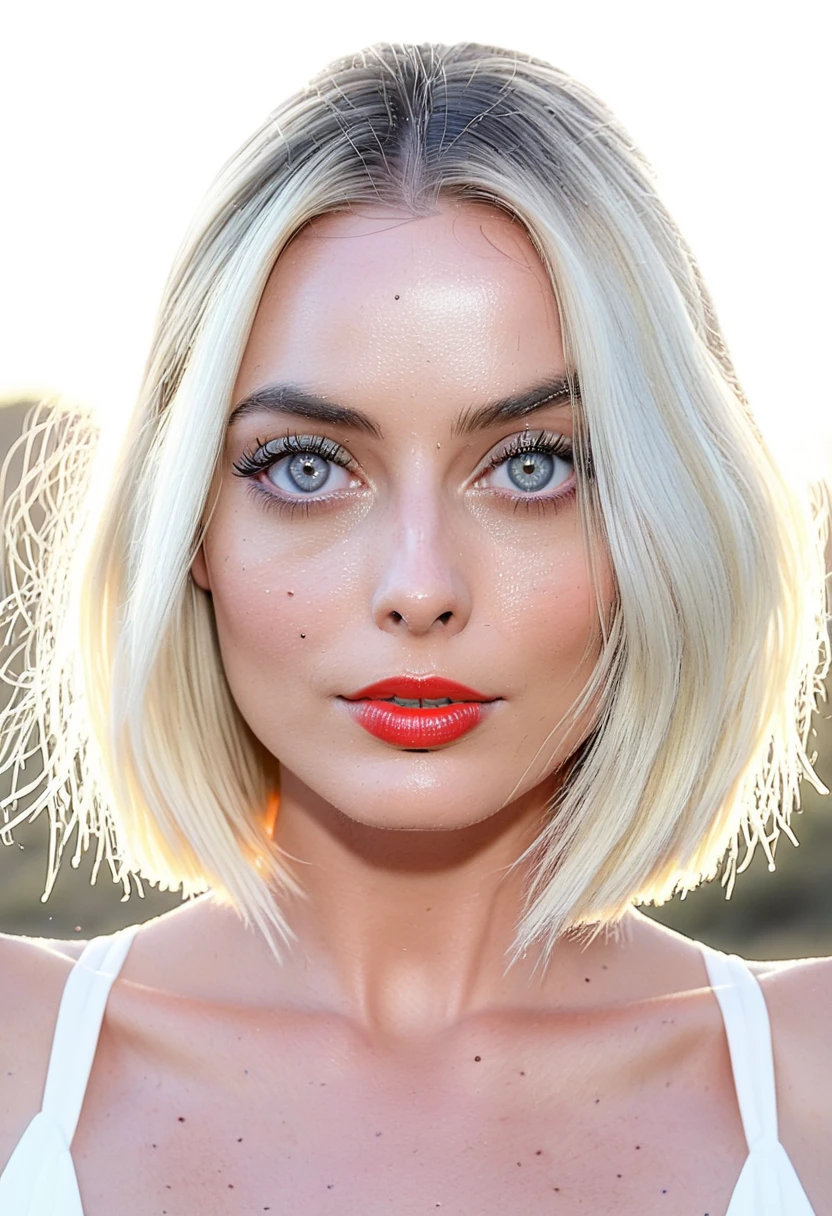 natural realistic skin texture, Super high res (upper body:1.2) portrait photo of a woman outdoors with long blonde bob_cut hair with centered hair part, symmetrical head, f /2.8, Canon, 85mm,cinematic, high quality,looking at the viewer, margot_robbie_model, (bright eyes with bright white sclera:1.4) and Monochromatic Eye Makeup, sassy style, (erect nipples poking dress), (huge cleavage, gigantic breasts with deep cleavage, red glitter plunge dress), (huge breast focus), at a movie premiere, happy, bokeh