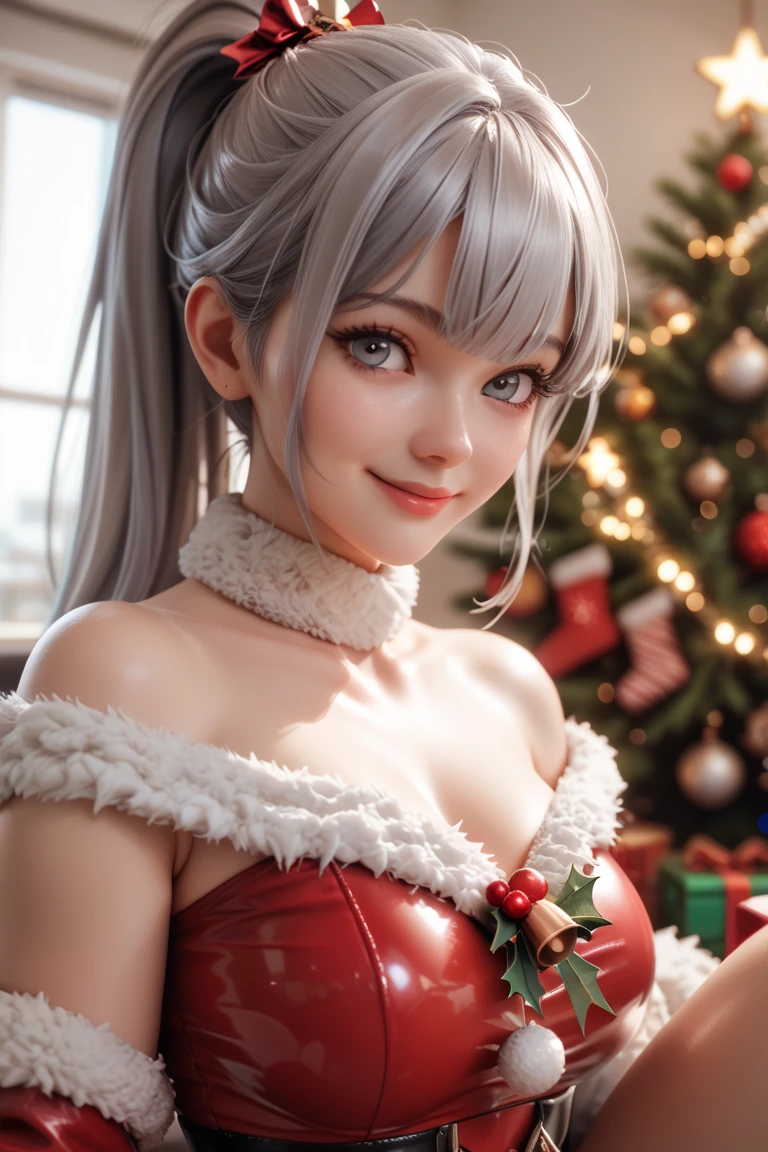 (master piece: 1.1), 1girl, teen, mature, emphasis on face, detailed face, detailed bright eyes, (dark skin), tan, dark skin, shy face, (blushing face), anime character, smiling, (Elf), Lyra Stardust, (christmas costume), christmas clothes, wearing red hat on his head, short and dynamic hair, eyes have a bright silver, bedroom, christmas room, christmas tree, blur_background