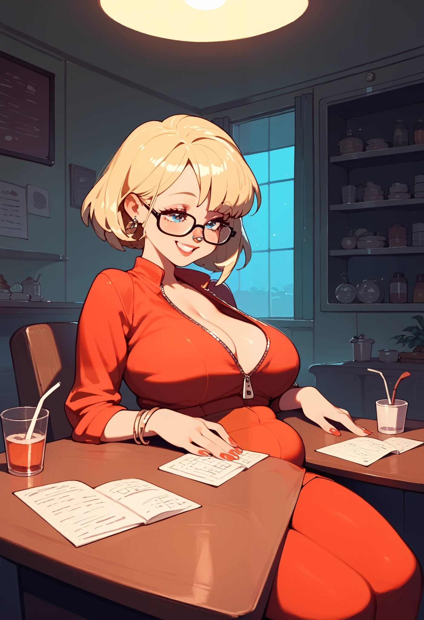 One woman, (quirky woman), unzipped skirt, ((fat belly resting on table top)), striped v neck shirt, large black square glasses, nose ring,  thick blonde hair, (shrugging  her shoulders and smiling),  volumetric and specular lighting,  (cafe background)