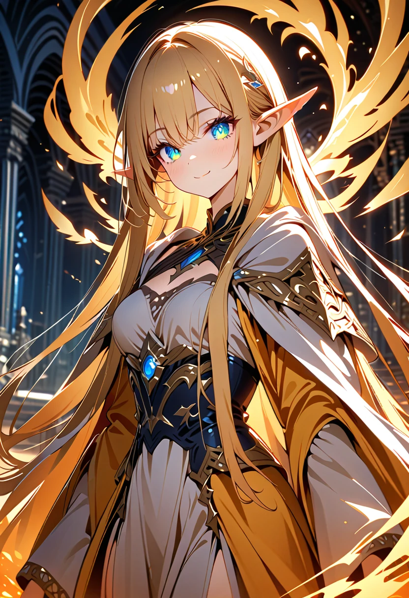 1girl, (beautiful Elf, dark fantasy), great wizard, wearing elegant magic robe, detailed beautiful face, (finely detailed beautiful eyes), smile, (long straight hair, shiny blonde hair, bangs), BREAK, 
elegant, gorgeous, delicate features, BREAK, 
(cowboy shot, face focus), deep depth of field, stunning, fascinating, enchanting, cinematic lighting, cinematic composition, anime style, vibrant colors, thin lines, dreamlike, 
absurdres, highres, masterpiece, best quality, newest, very aesthetic, ultra quality, high detailed, anatomically correct, perfect hands,