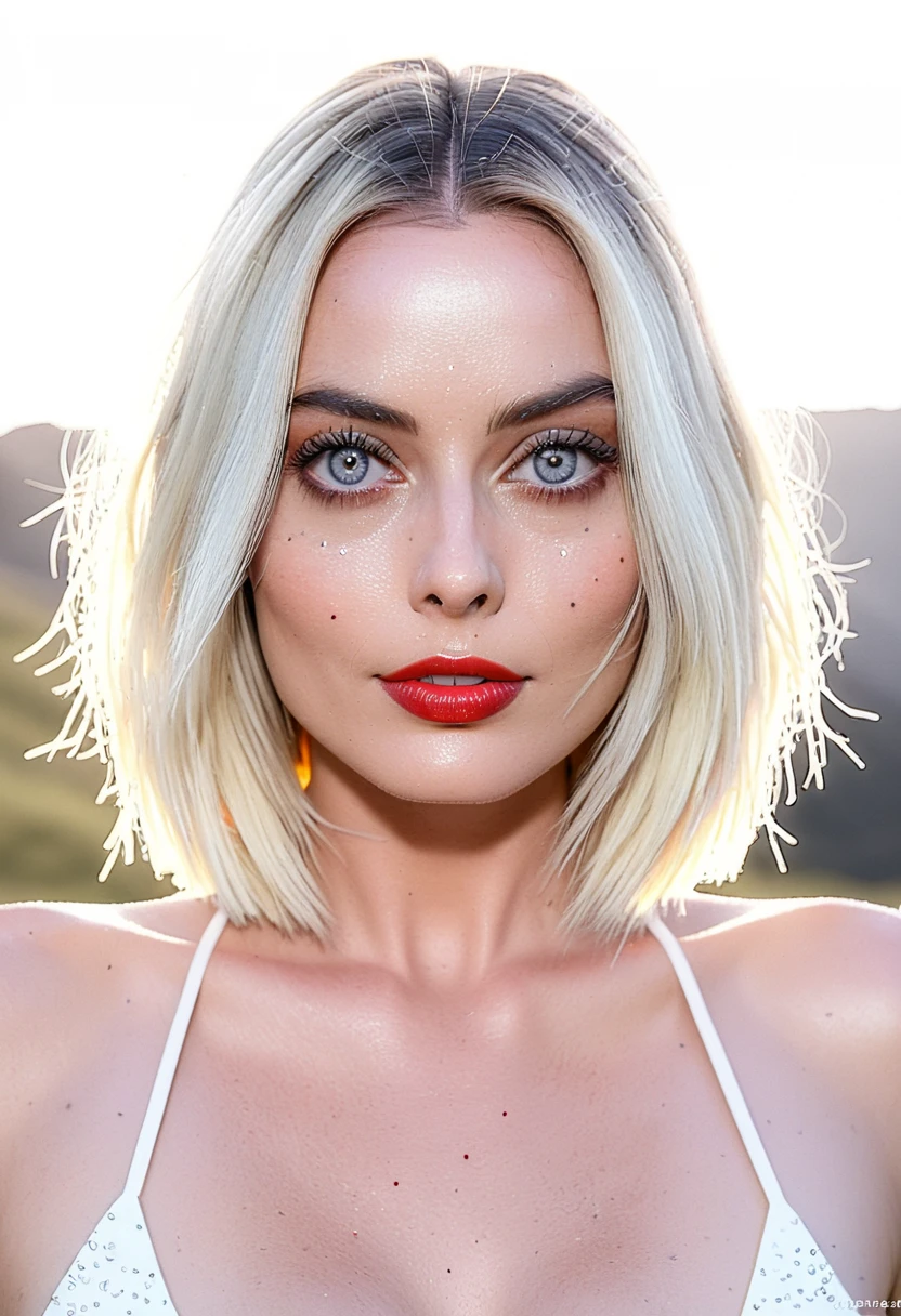 natural realistic skin texture, Super high res (waist-up portrait:1.2) photo of a woman outdoors with long blonde bob_cut hair with centered hair part, symmetrical head, f /2.8, Canon, 85mm,cinematic, high quality,looking at the viewer, margot_robbie_model, (bright eyes with bright white sclera:1.4) and Monochromatic Eye Makeup, sassy style, (erect nipples poking dress), (huge cleavage, gigantic breasts with deep cleavage, red glitter plunge dress), (huge breast focus), at a movie premiere, happy, bokeh