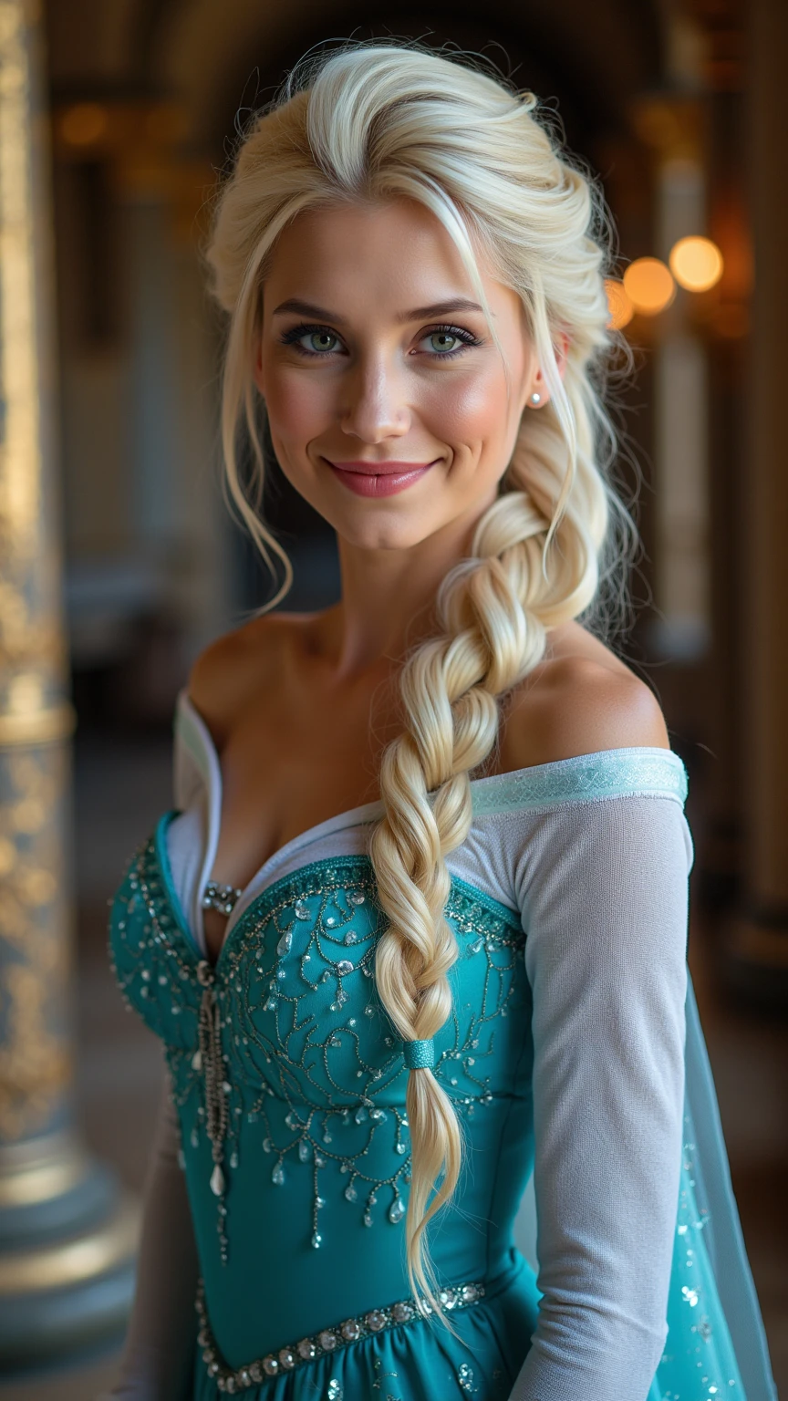 Visible cleavage, A stunning dynamic angle image of Anna Kournikova as Elsa smiling , she is sexy , queen of arendelle, young and beautiful, hyper realistic, real portrait, backlit, exquisite features, cleavage, sexy, seductive, interior or an ornate castle ballroom with high ceilings, show skin, blue eyes, exposed bum