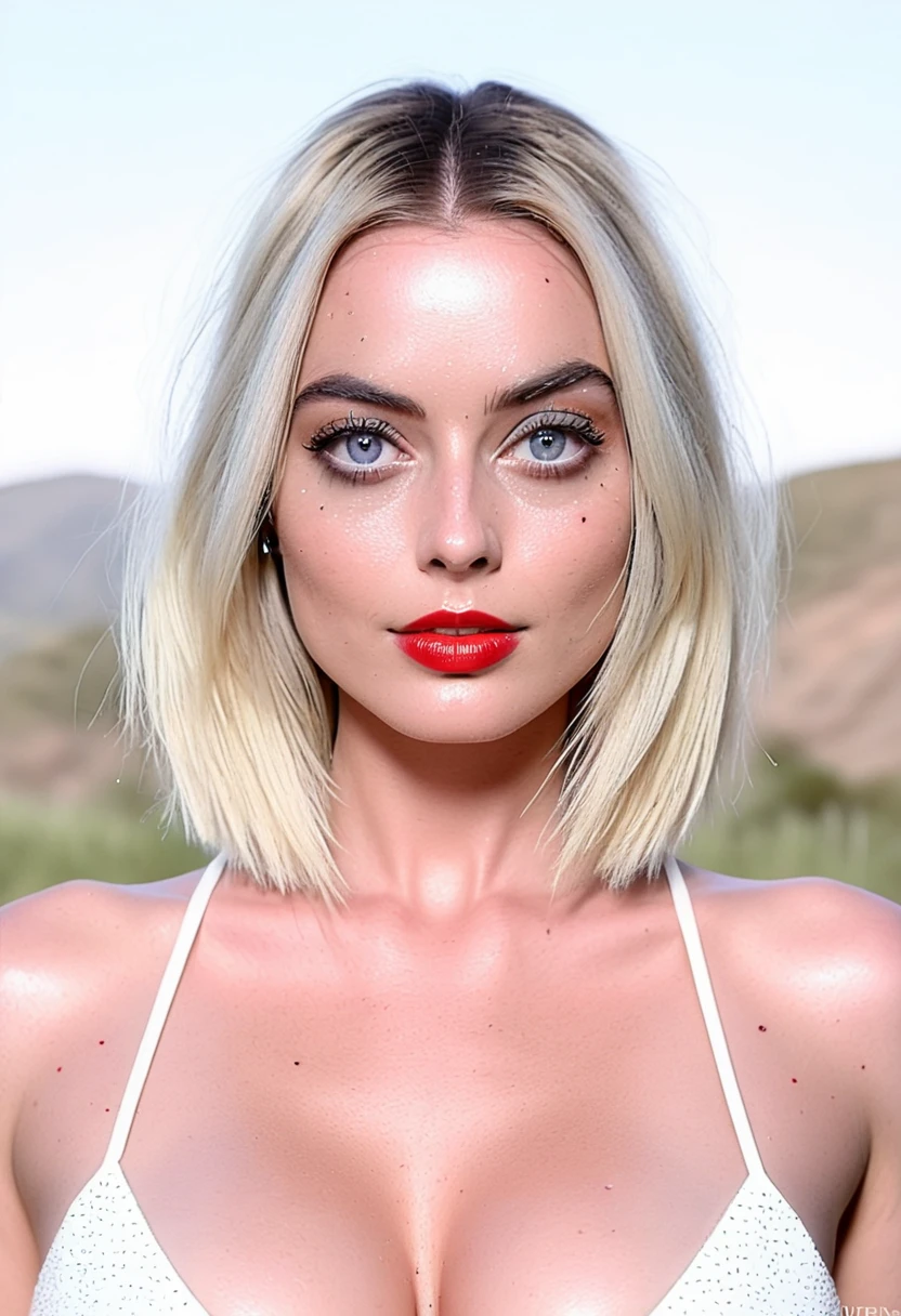 natural realistic skin texture, Super high res (waist-up portrait:1.2) photo of a woman outdoors with long blonde bob_cut hair with centered hair part, symmetrical head, f /2.8, Canon, 85mm,cinematic, high quality,looking at the viewer, margot_robbie_model, (bright eyes with bright white sclera:1.4) and Monochromatic Eye Makeup, sassy style, (erect nipples poking dress), (huge cleavage, gigantic breasts with deep cleavage, red glitter plunge dress), (huge breast focus), at a movie premiere, happy, bokeh