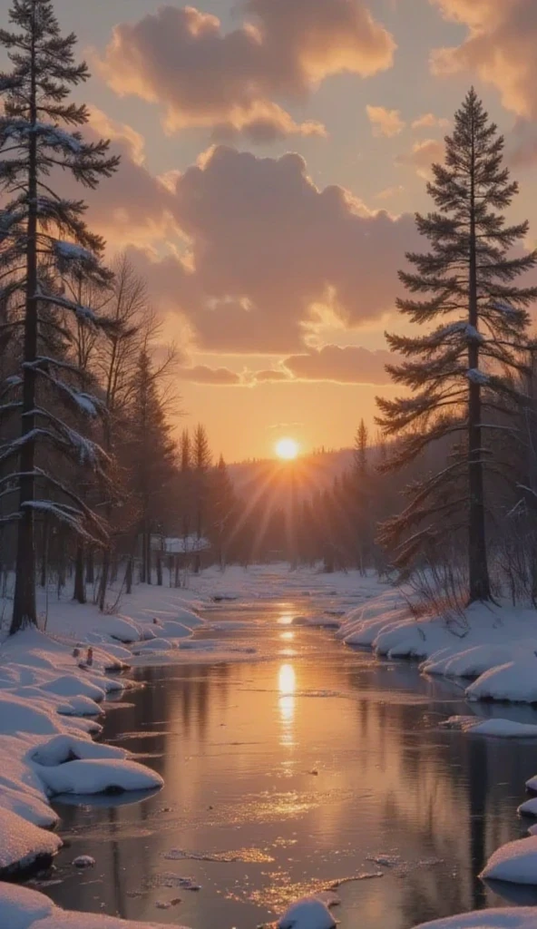 peinture à l'huile bien définie avec des coups de pinceau paysage d'hiver.  plan général ,  corps entier :1.3, lac gelé,  patineur sur glace,  patins à glace ,  fait une pirouette soulève une jambe dansant sur la glace,  gros nuages arc-en-ciel , coucher de soleil, Paysage spectaculaire, réincarnation ,  Régions polaires , phoenix,  grande pleine lune, ange chargé 