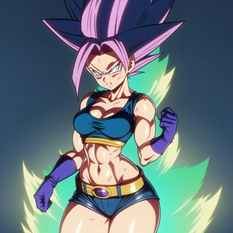 Saiyan, purple hair combed back, green eyes,slim, thin waist, wide hips, brown skin color, medium breasts, blue tank top saiyan armor, goddess of destruction (dragon ball super),hakai, hakai power, super saiyan, purple rays
