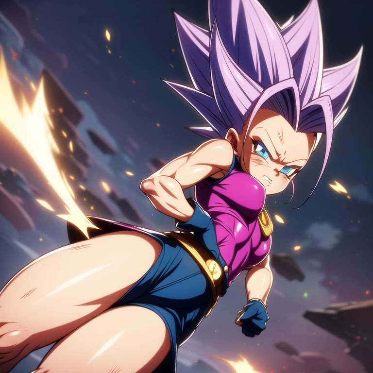 Saiyan, purple hair combed back, green eyes,slim, thin waist, wide hips, brown skin color, medium breasts, blue saiyan armor, goddess of destruction (dragon ball super),hakai, hakai power, super saiyan, purple rays