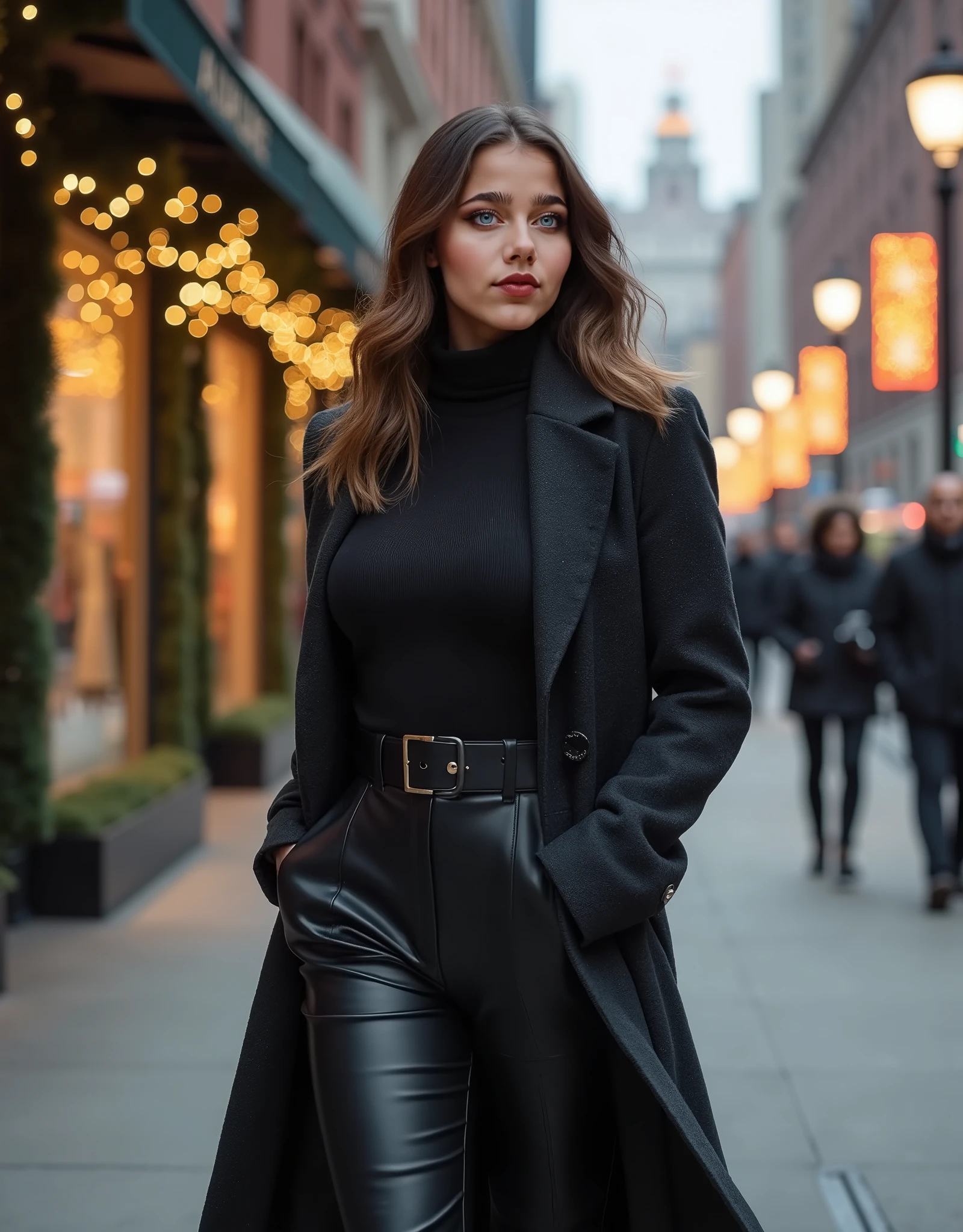 Woman in black coat and leather pants walking down a city street ...