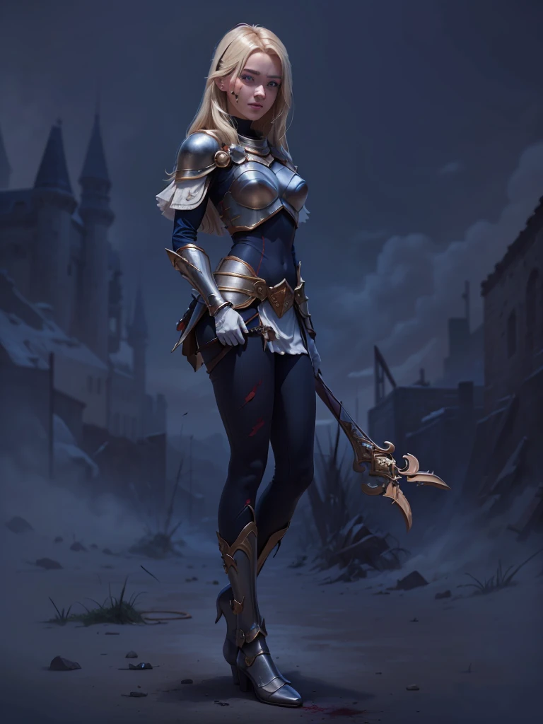 Highly detailed, High Quality, Full Length Portrait, Masterpiece, nice hands, perfect hands, 1girl, full body, lux1, lux_(league_of_legends), ultra very long blonde fringe bangs hair, armor, breastplate, black headband, bodysuit, light smile, white gloves, boobplate, (detailed face and eyes:1.3), castle background, powers, posing with very long crossbow, holding a crossbow, she is bleeding out, she is in fight mode against archers, she is covered in blood, she is being shot by archers, full body length portrait, she is leaving blood drops on the ground, she is wounded, she has a wound arrow shot in her leg, she is bleeding out so much due to her arrow shots wounds caused by archers surrounding her, she is defending herself, her sword is covered in blood, she is hurted, she is wounded, she is 18 years old, she is trying to survive,