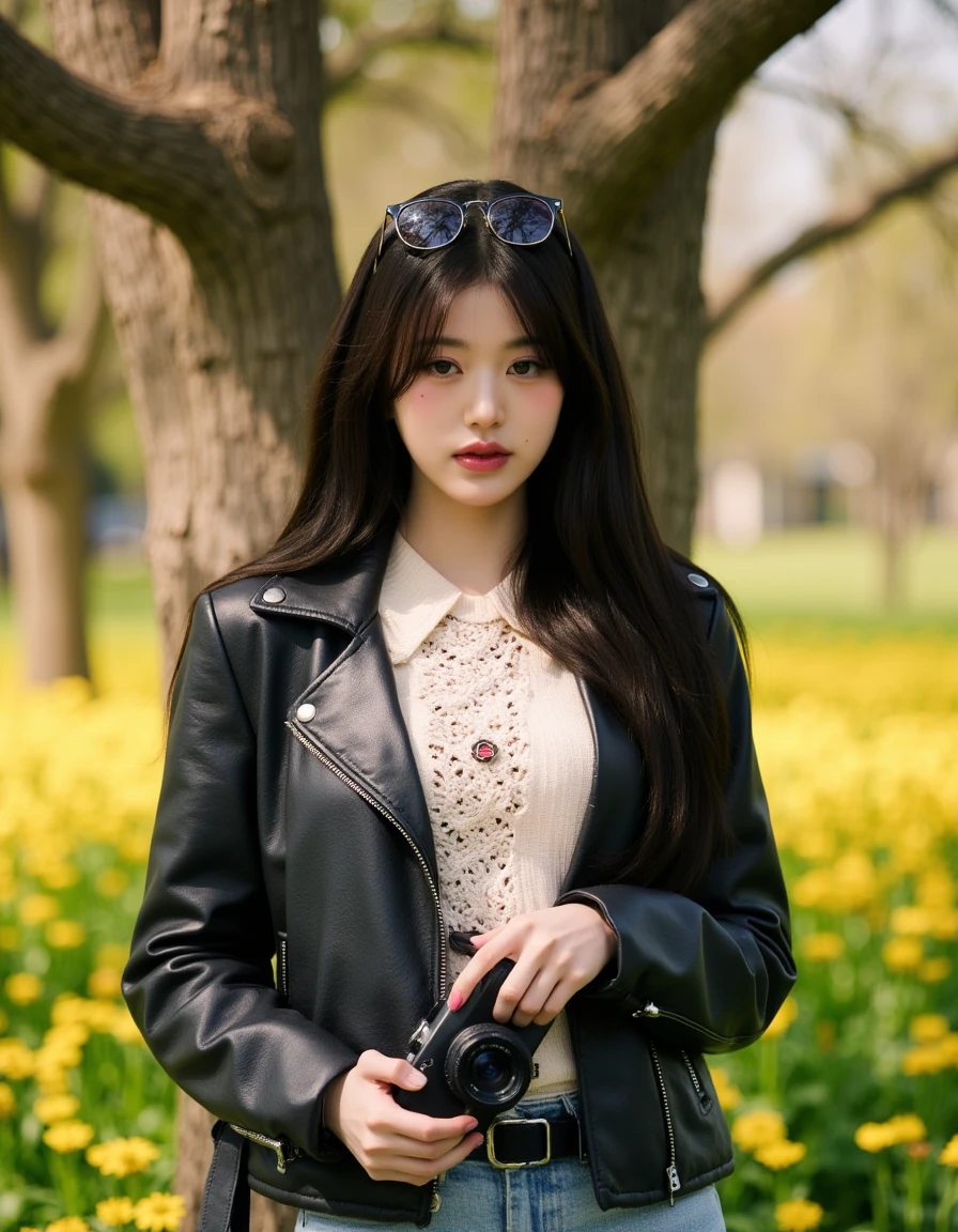 A young woman stands beneath a tree in a vibrant yellow flower field, exuding effortless cool in a stylish black leather jacket over a light knitted sweater, her long, dark hair flowing freely. She holds a Leica camera, sunglasses perched on her head, gazing directly at the camera with a soft, confident expression. Warm, natural light illuminates her face, accentuating the intricate lace details of her sweater, while the subtle bokeh of the 90mm portrait lens blurs the flowers, emphasizing her relaxed, casual street style in an everyday setting.