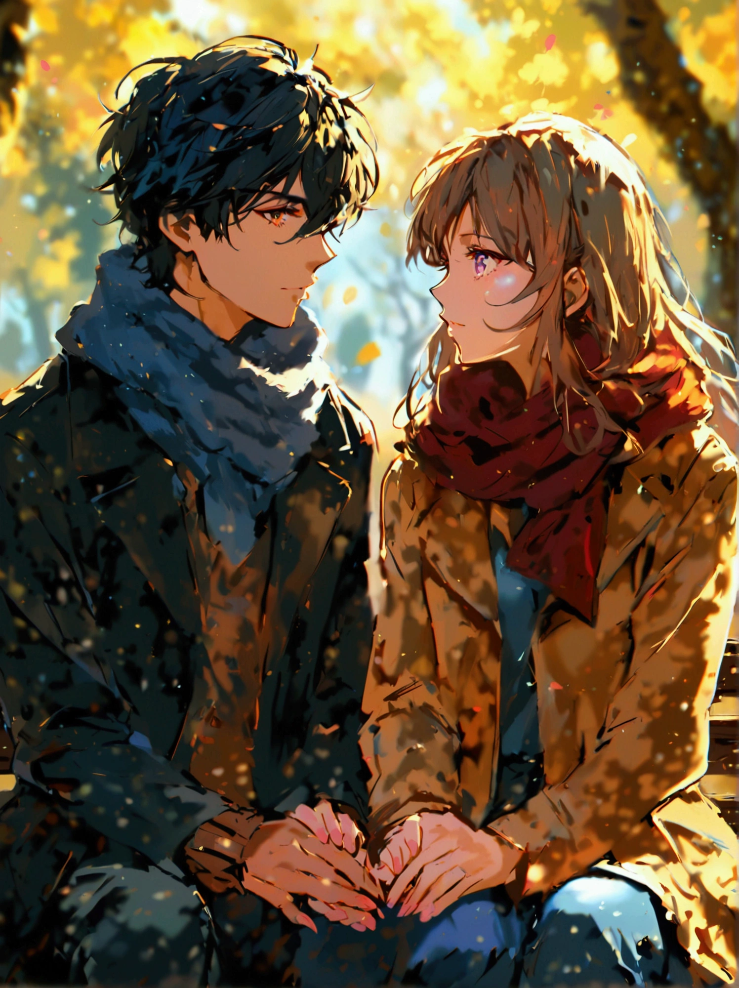 Spectacular anime style. In a park two women are sitting on a bench holding hands and looking into each other's eyes. Their story is a mystery. The image lets the viewer's imagination run wild. 