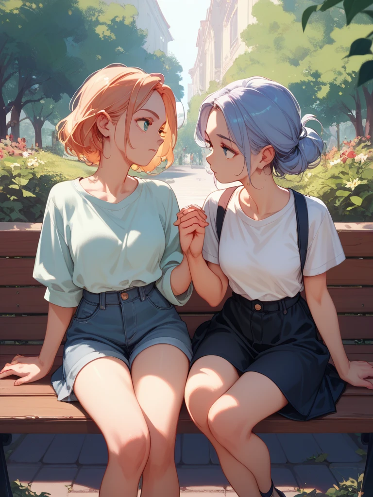 Spectacular anime style. In a park two women are sitting on a bench holding hands and looking into each other's eyes. Their story is a mystery. The image lets the viewer's imagination run wild. 