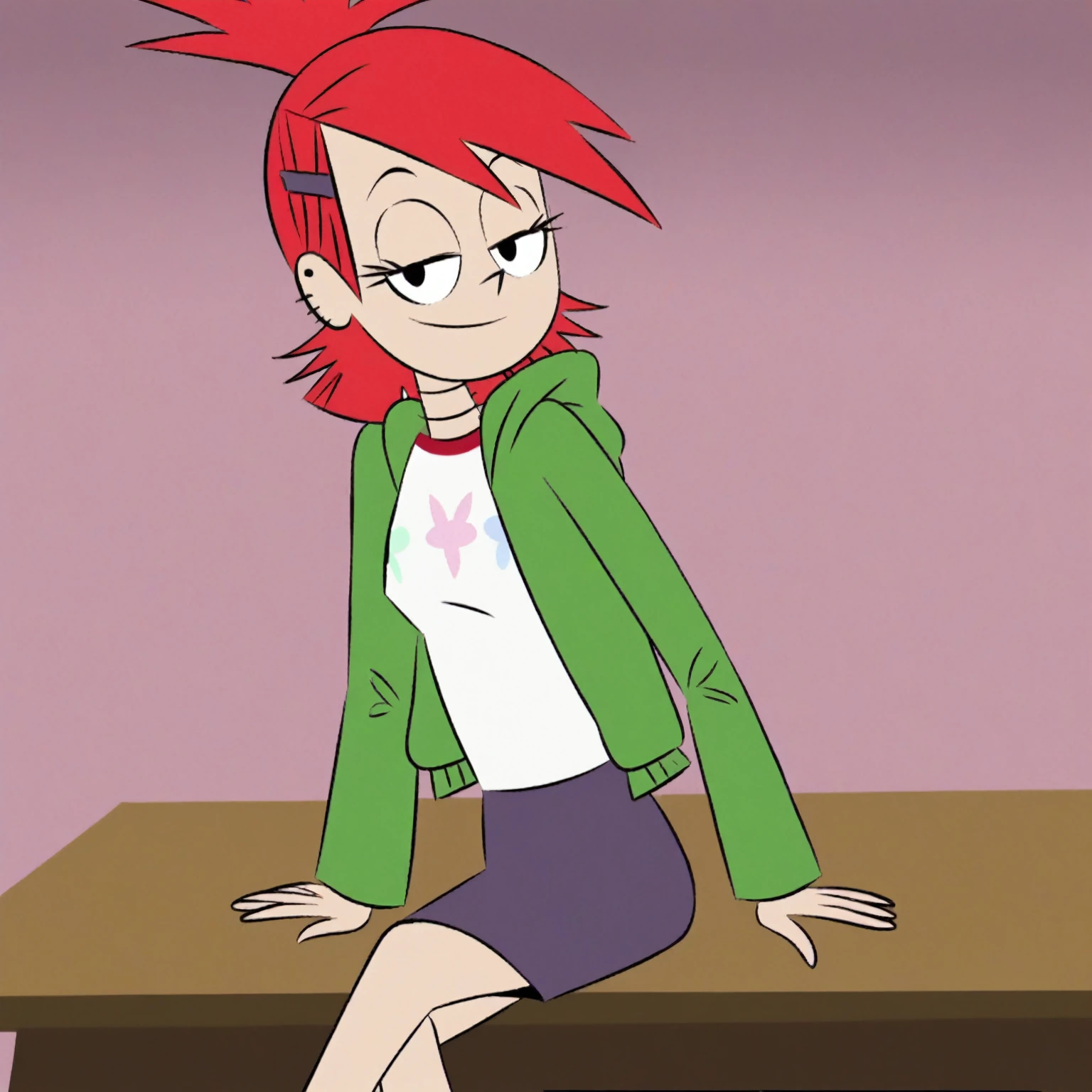 FrankieFoster, red bob hair cut, black eyes, posing, solo, green jacket, white t-shirt, purple skirt, crossed legs, smug, beautiful, arms at sides, head tilt, on a table, hotel