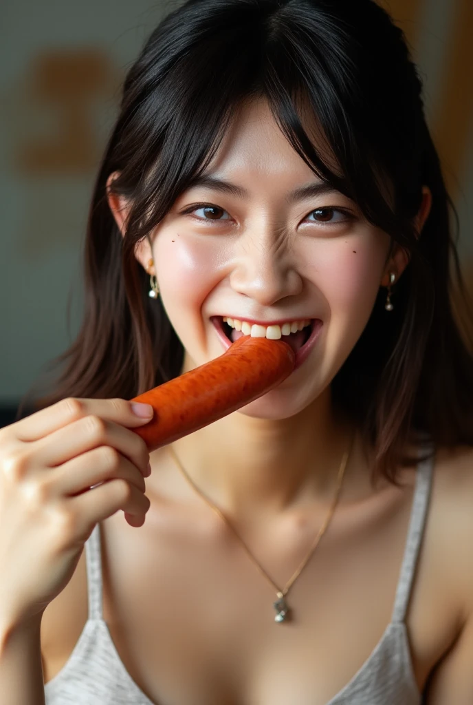 (realistic, photo-realistic:1.37), (best quality, masterpiece:1.2), 8k, RAW photo, high resolution photograph, extremely detailed, intricate details, sharp details, sharp focus, portrait, looking at the camera, solo, a Japanese woman, (eating a huge sausage in hand, shovel a long sausage deep into mouth, sucking a sausage:1.4), (dress ,strapless, sleeveless, bare shoulders:1.2), necklace, earrings, jewelry, detailed face, beautiful detailed eyes, beautiful pupils, sophisticated nose, pale skin, fine-textured skin, photo background, indoors, dirty room, provocative facial expression 