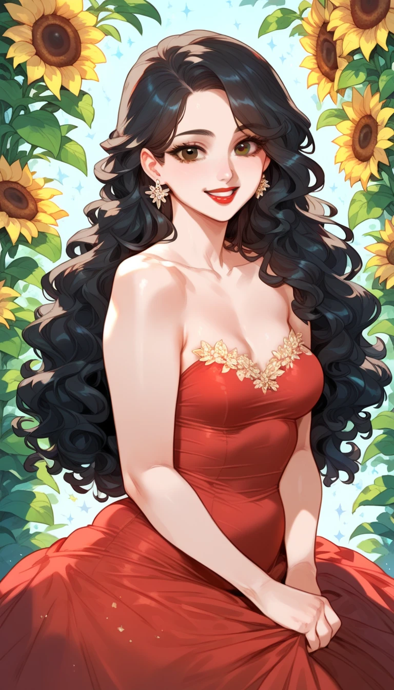 a beautiful princess a little chubby,(dark brown eyes:1.1),beautiful smile,perfect teeth, red lips,wavy hair,deep black hair,(very small breasts:1.1),(wedding red dress:1.1),sunflower decoration,