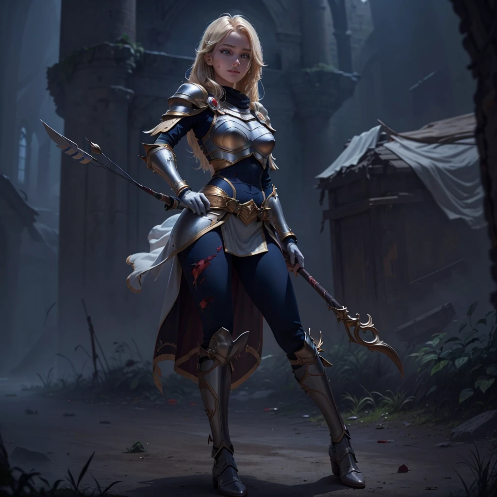 Highly detailed, High Quality, Full Length Portrait, Masterpiece, nice hands, perfect hands, 1girl, full body, lux1, lux_(league_of_legends), ultra very long blonde fringe bangs hair, armor, breastplate, black headband, bodysuit, light smile, white gloves, boobplate, (detailed face and eyes:1.3), castle background, powers, posing with very long crossbow, holding a crossbow, she is bleeding out, she is in fight mode against archers, she is covered in blood, she is being shot by archers, full body length portrait, she is leaving blood drops on the ground, she is wounded, she has a wound arrow shot in her leg, she is bleeding out so much due to her arrow shots wounds caused by archers surrounding her, she is defending herself, her sword is covered in blood, she is hurted, she is wounded, she is 18 years old, she is trying to survive,