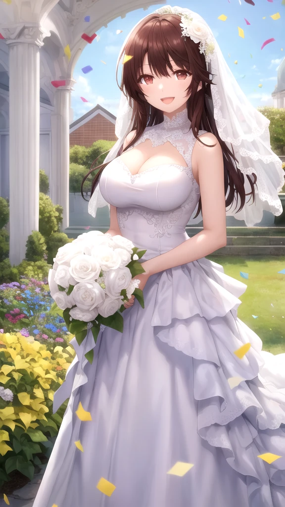 masterpiece, best quality, high quality, girl, solo, looking at viewer, yuuta_kadowaki, large breasts, wedding Dress, standing, garden, confetti, holding bouquet, smile, open mouth,