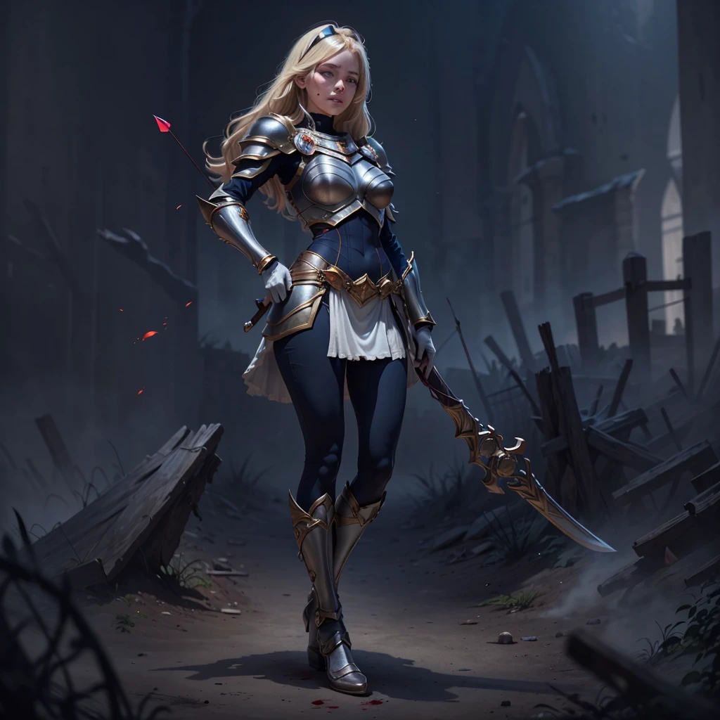 Highly detailed, High Quality, Full Length Portrait, Masterpiece, nice hands, perfect hands, 1girl, full body, lux1, lux_(league_of_legends), ultra very long blonde fringe bangs hair, armor, breastplate, black headband, bodysuit, light smile, white gloves, boobplate, (detailed face and eyes:1.3), castle background, powers, posing with very long crossbow, holding a crossbow, she is bleeding out, she is in fight mode against archers, she is covered in blood, she is being shot by archers, full body length portrait, she is leaving blood drops on the ground, she is wounded, she has a wound arrow shot in her leg, she is bleeding out so much due to her arrow shots wounds caused by archers surrounding her, she is defending herself, her sword is covered in blood, she is hurted, she is wounded, she is 18 years old, she is trying to survive,