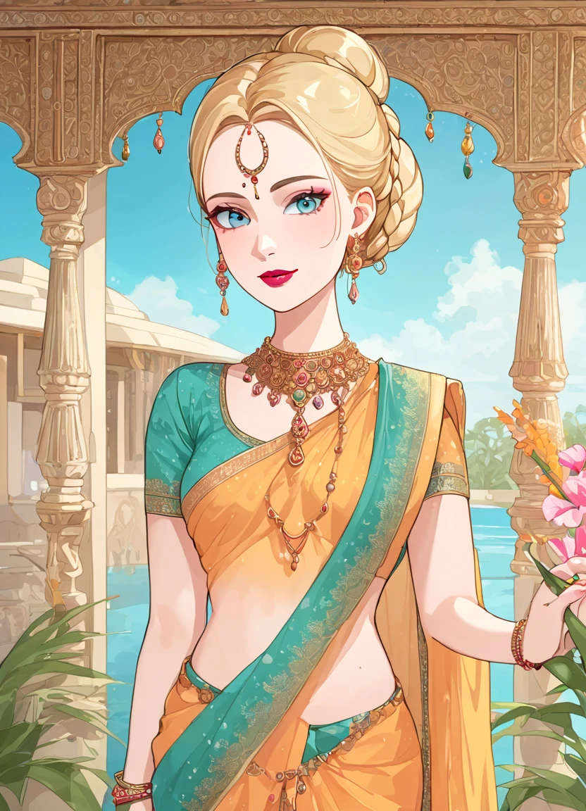 summer.smith, blonde hair, 1girl, braid, bun,eyeshadow,lipstick,bindi, saree,