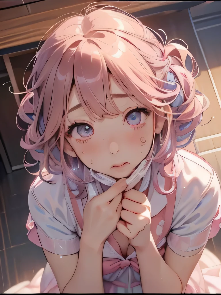 ( one transcendently beautiful girl)、(Aika Komaki、 high school girl), Ultra Detailed 、(8k, RAW photos , top quality , masterpiece:1.2), (extremely detailed 8k wallpaper), professional writing , sharp concentration, depth of field、(((Detailed and accurate face、face focused))),(((( Overhead Shot )))),(((( crouching in front of the viewer、Look up at the viewer、 flooring ))))、NFWS,(( Pink Short Bob 、Fluffy Curly Hair、 braided 、 iridescent inner curl hair ))、(( top quality )), ((masterpiece)), (( perfect face))、((( orgasm、Blushed、ecstasy face、sweat、fog)))、(( squint、painful))、((Blowjob、Pull the mask down )),