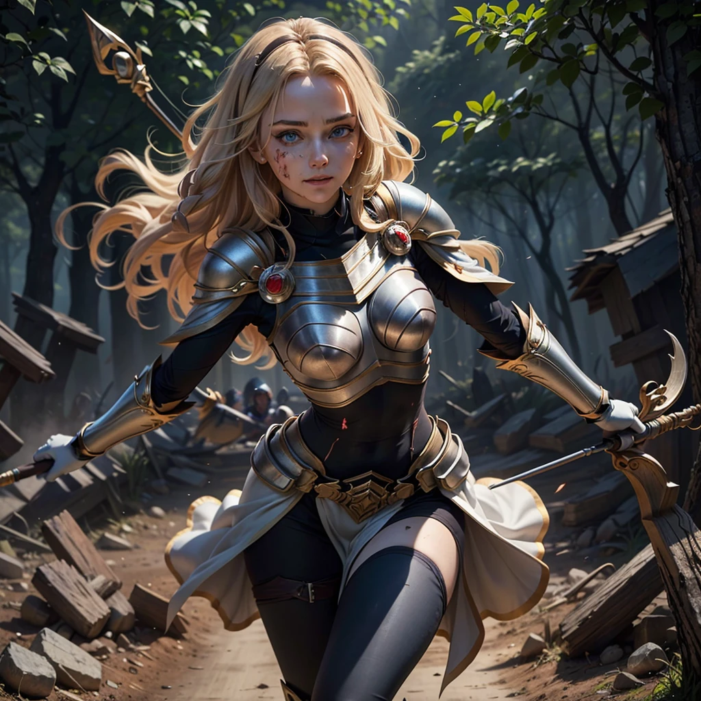 Highly detailed, High Quality, Full Length Portrait, Masterpiece, nice hands, perfect hands, 1girl, full body, lux1, lux_(league_of_legends), ultra very long blonde fringe bangs hair, armor, breastplate, black headband, bodysuit, light smile, white gloves, boobplate, (detailed face and eyes:1.3), castle background, powers, posing with very long crossbow, holding a crossbow, she is bleeding out, she is in fight mode against archers, she is covered in blood, she is being shot by archers, full body length portrait, she is leaving blood drops on the ground, she is wounded, she has a wound arrow shot in her leg, she is bleeding out so much due to her arrow shots wounds caused by archers surrounding her, she is defending herself, her sword is covered in blood, she is hurted, she is wounded, she is 18 years old, she is trying to survive,