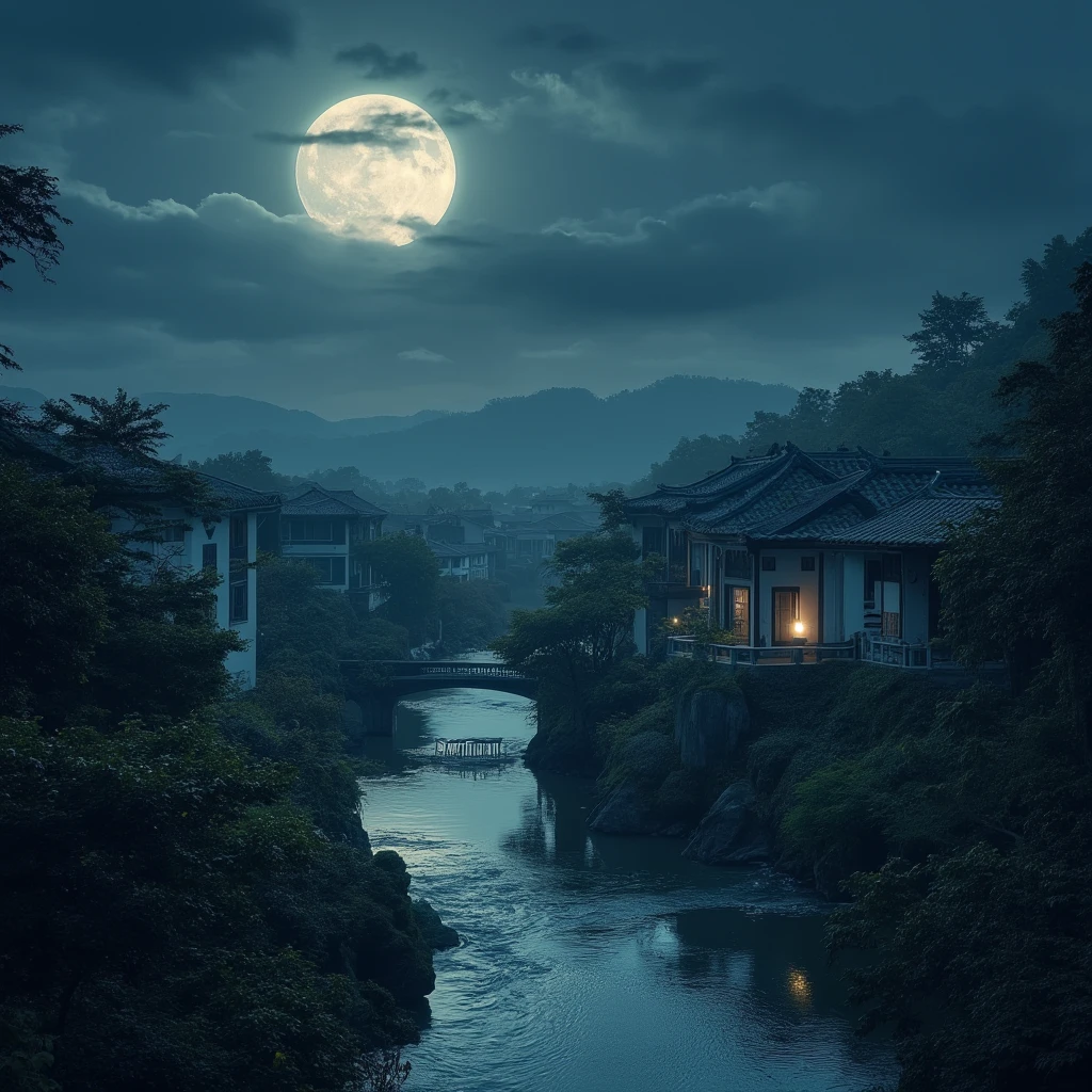 (Masterpiece, Best Quality, Illustration, Fine Detail), ((Very Detailed CG Unity 8k Wallpaper, High Resolution)), High Saturation, Low Brightness, ConceptArt, ((Unmanned)), (Landscape), (Small Bridge Flowing Water), (Jiangnan Water Town), Sky, Night, (Full Moon), Cloud, Outdoor, Architecture, River, Suzhou Garden