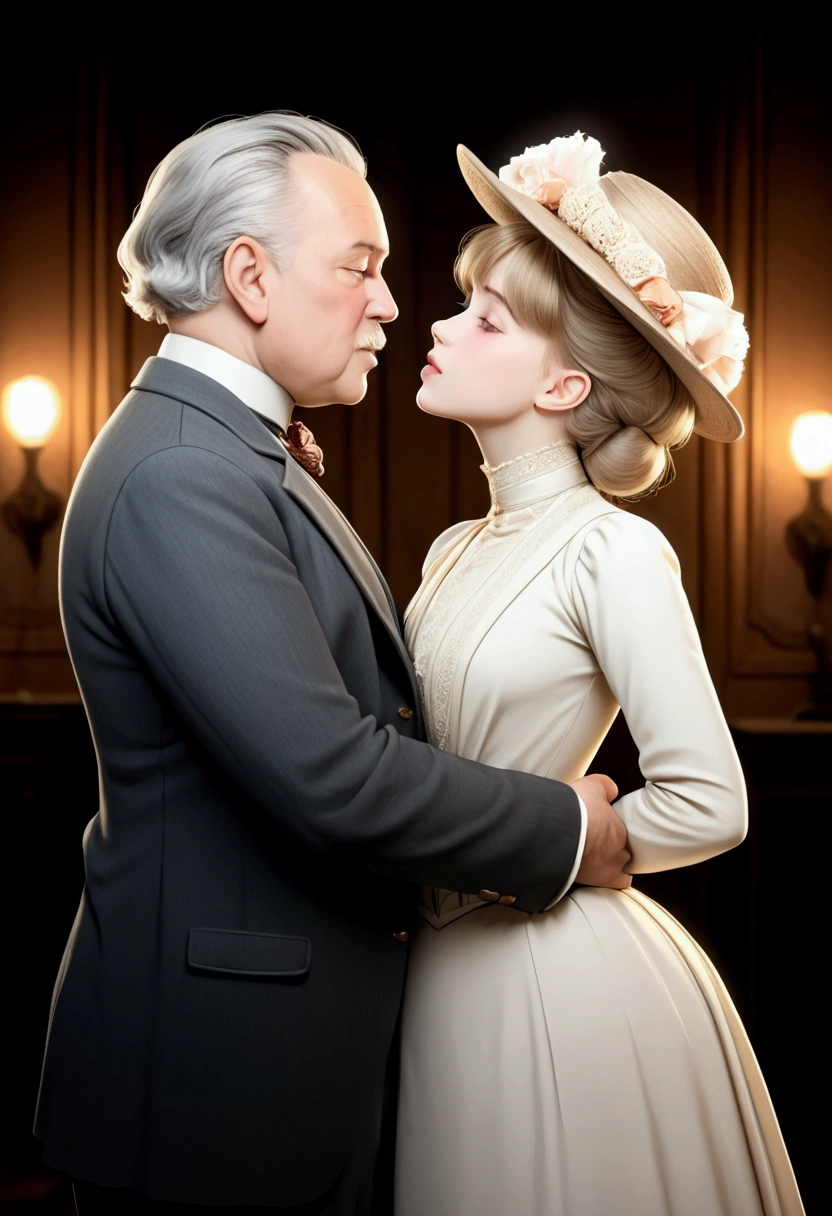 a beautiful young blonde girl of yo with an hourglass figure in an elegant Gibson Girl style dress and wide-brimmed picture hat, passionately kissing an older overweight gentleman of 75yo wearing a suit, detailed facial features, realistic skin textures, intricate clothing folds, dramatic lighting, cinematic composition, romantic edwardian era aesthetic, 1900_dr3ss, muted vintage color palette, chiaroscuro lighting, highly detailed, photorealistic, 8k, award winning digital art